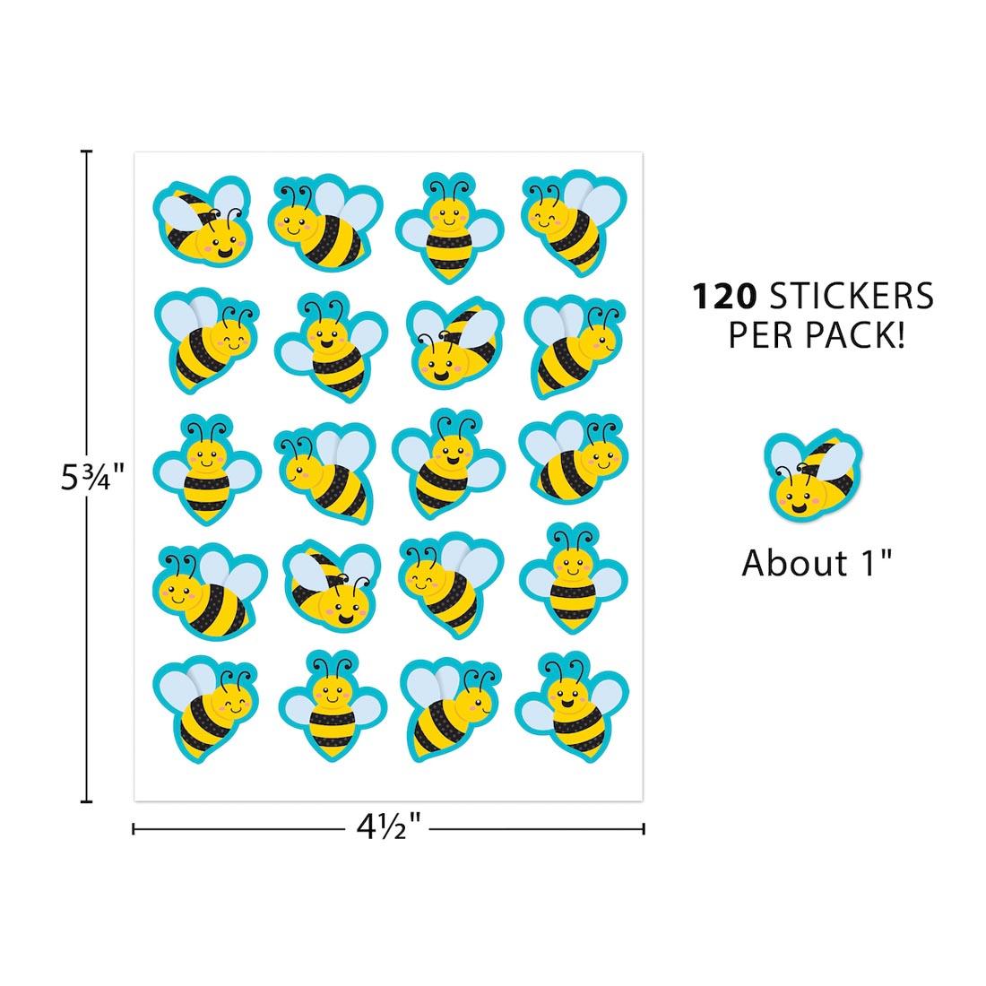 sheet of Buzzing Bees Stickers labeled with measurements 5-3/4" and 4-1/2"; plus text 120 stickers per pack! and a single sticker with text About 1"