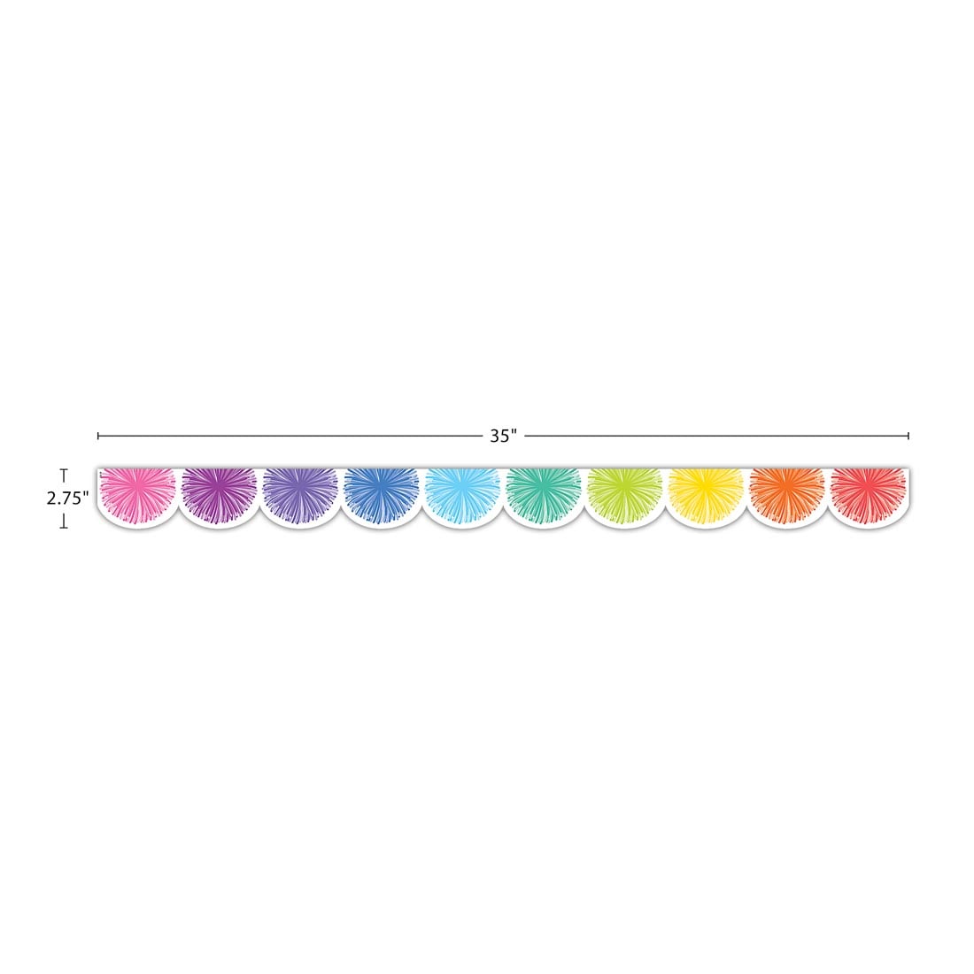 strip of Poms Scalloped Die-Cut Border Trim from the Colorful collection by Teacher Created Resources labeled with measurements 35" x 2.75"