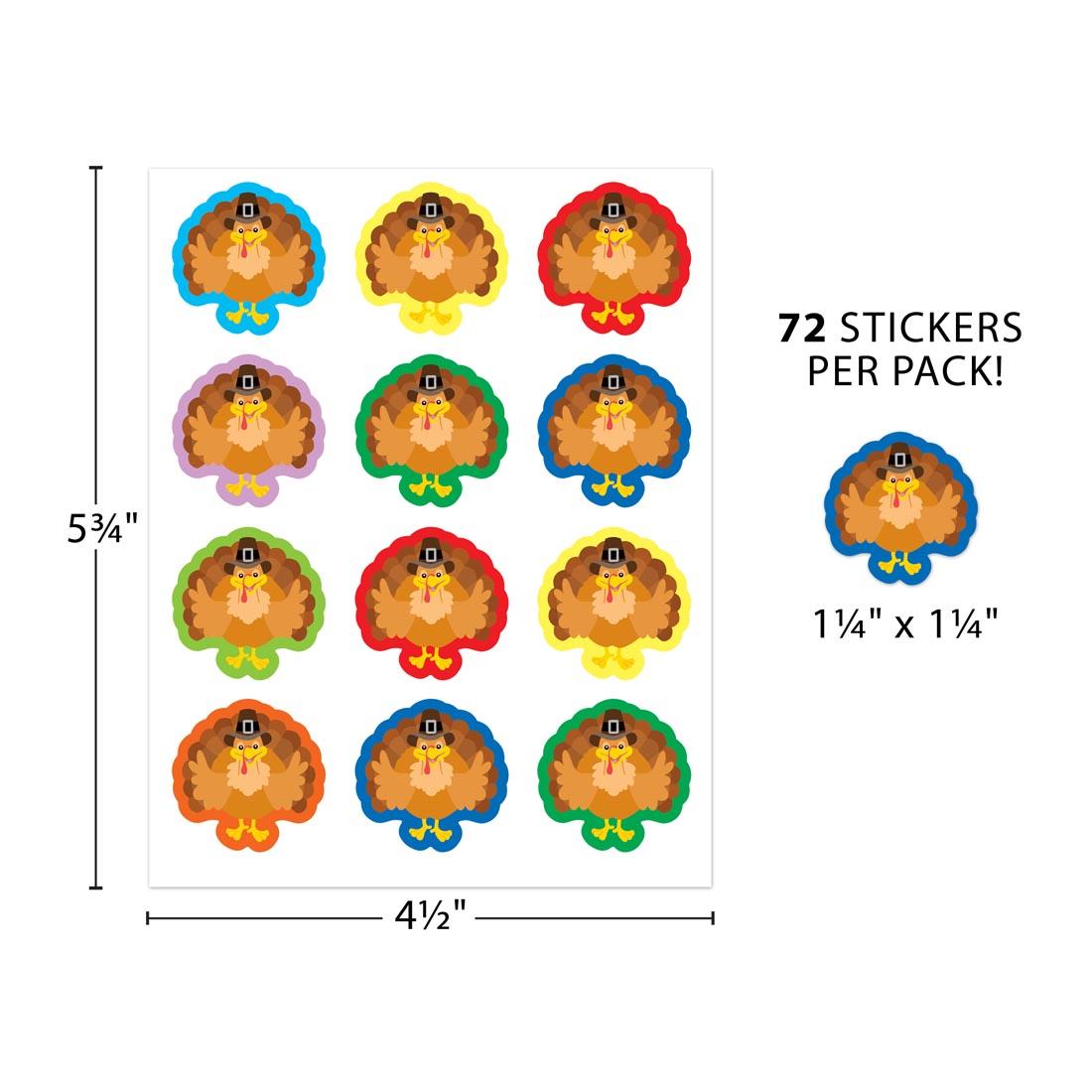a sheet of Turkeys Stickers with text 72 stickers per pack! labeled with measurements 5-3/4" x 4-1/2" and individual sticker labeled 1-1/4" x 1-1/4"