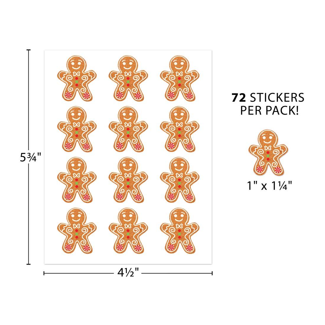 a sheet of Gingerbread Cookies Stickers with text 72 stickers per pack! labeled with measurements 5-3/4" x 4-1/2" and individual sticker labeled 1" x 1-1/4"