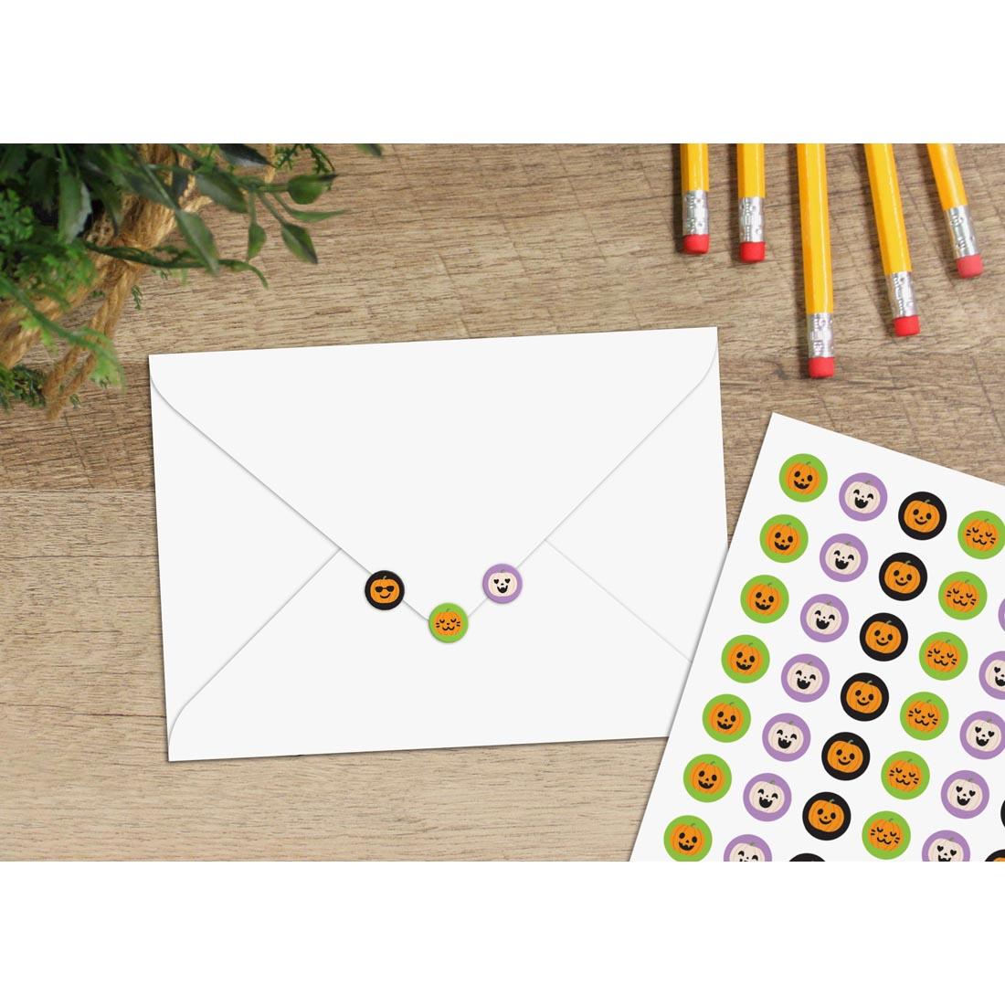 table with a sheet of Halloween Pumpkins Mini Stickers and 3 stickers on a sealed envelope