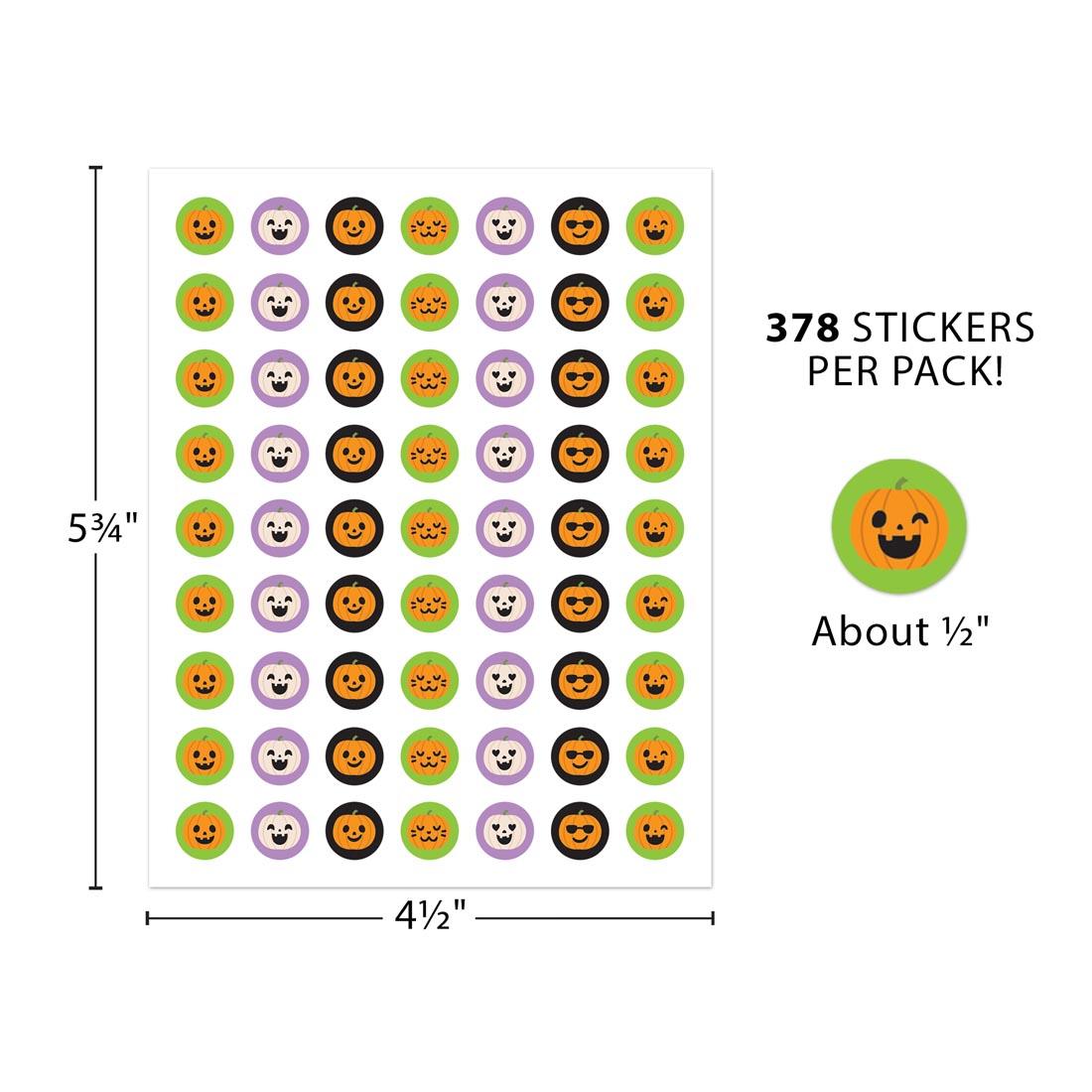a sheet of Halloween Pumpkins Mini Stickers with text 378 stickers per pack! labeled with measurements 5-3/4" x 4-1/2" and individual sticker labeled About 1/2"