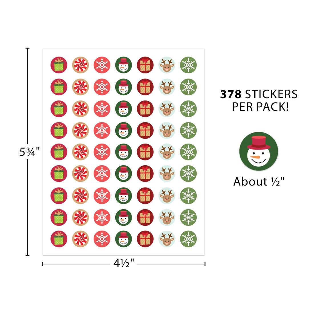 a sheet of Winter Holiday Mini Stickers with text 378 stickers per pack! labeled with measurements 5-3/4" x 4-1/2" and individual sticker labeled About 1/2"