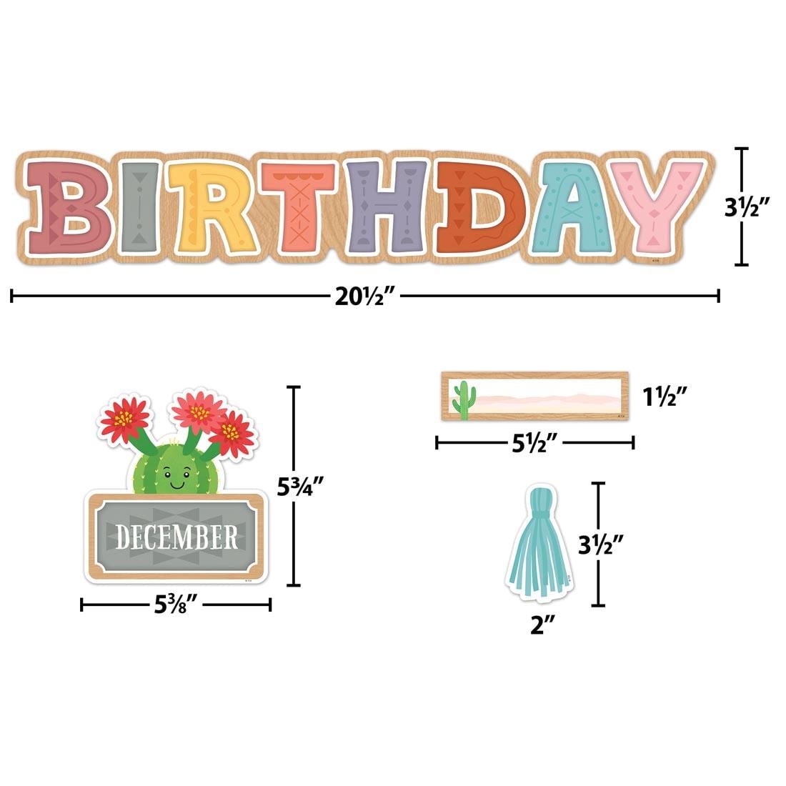 4 pieces of the Happy Birthday Mini Bulletin Board Set from the Happy Cactus Crew collection By Teacher Created Resources each labeled with their measurements
