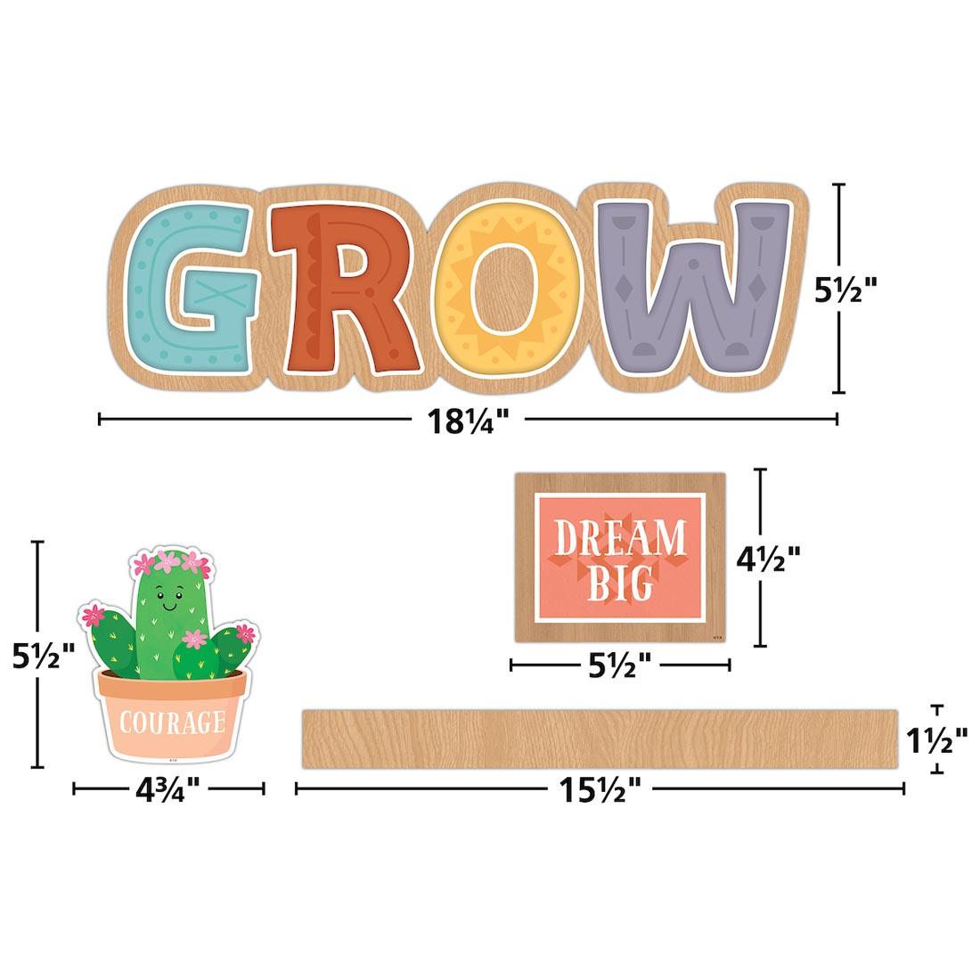 4 pieces of the Mini Bulletin Board Set from the Happy Cactus Crew collection By Teacher Created Resources each labeled with their measurements
