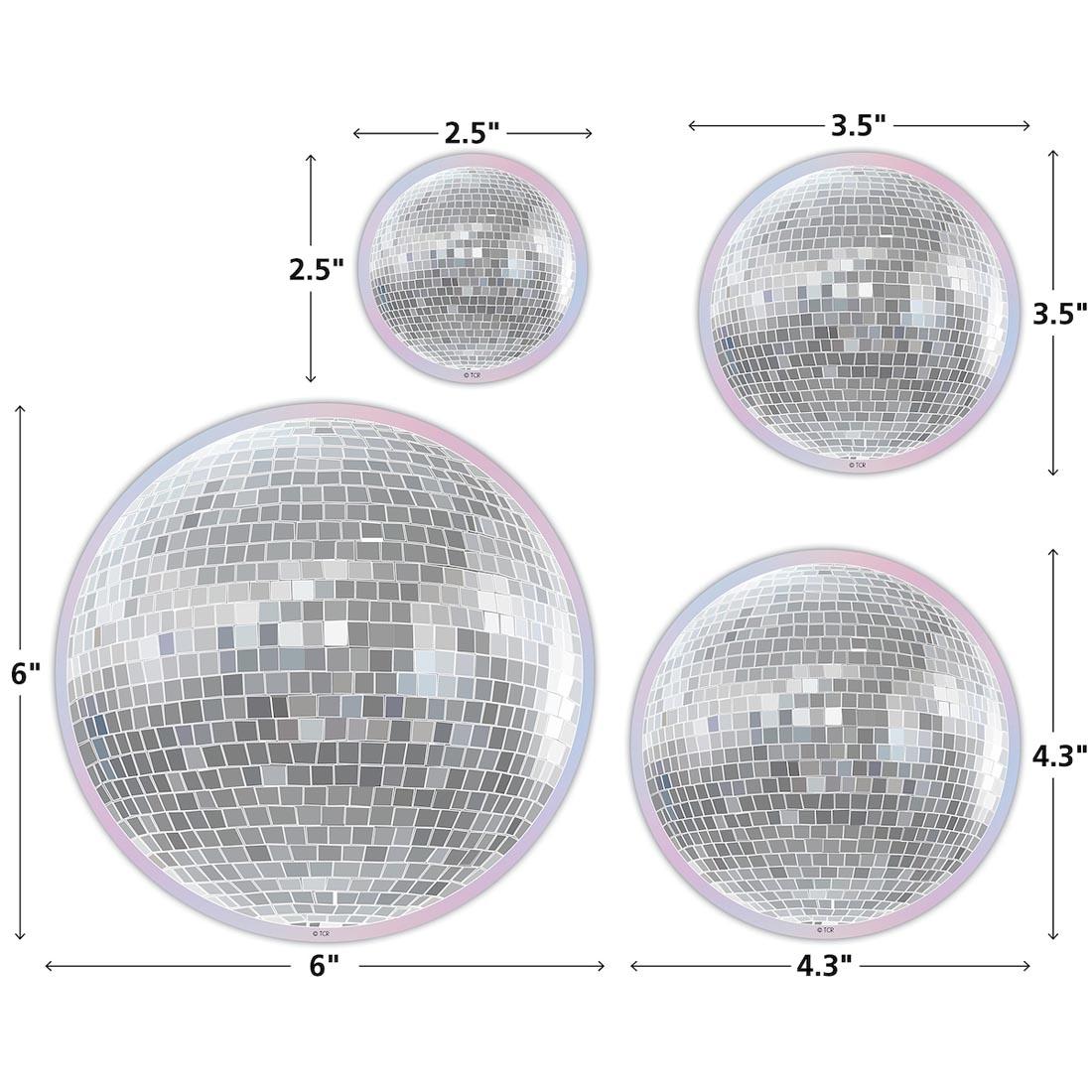 4 Disco Ball Assorted Accents from the Cool for School collection By Teacher Created Resources each labeled with their measurements