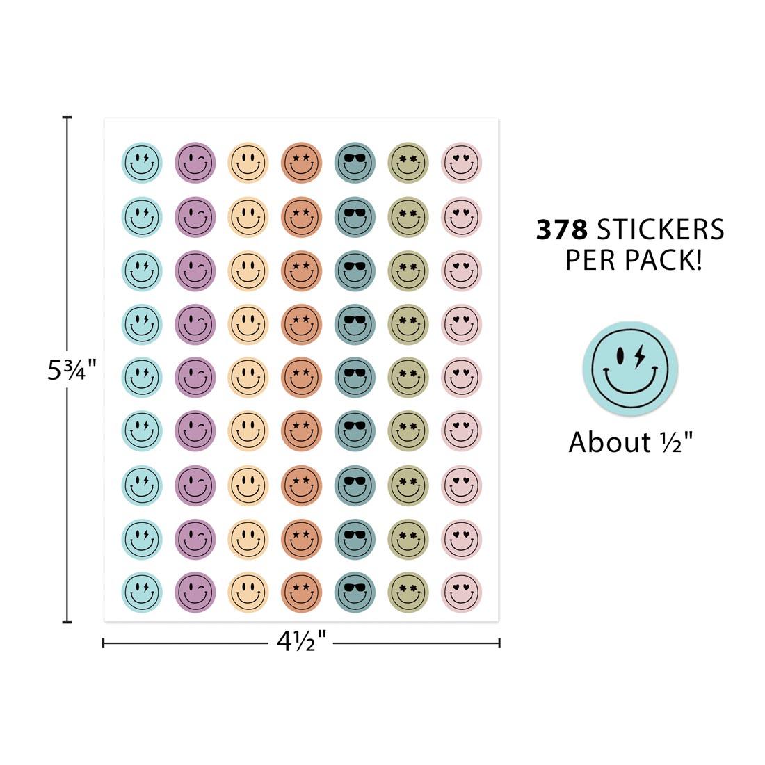 a sheet of Calming Colors Smiley Faces Mini Stickers with measurements 5-3/4" x 4-1/2" plus single sticker labeled About 1/2" and text 378 Stickers Per Pack!
