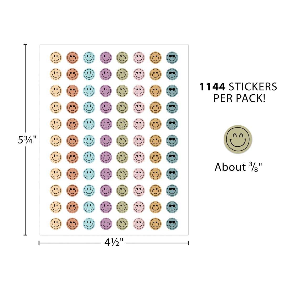 a sheet of Calming Colors Smiley Faces Mini Stickers with measurements 5-3/4" x 4-1/2" plus single sticker labeled About 3/8" and text 1144 Stickers Per Pack!