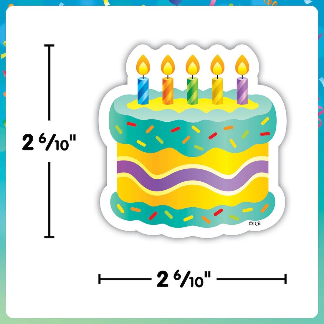 a Birthday Cake Mini Accent By Teacher Created Resources labeled with measurements 2-6/10" x 2-6/10"