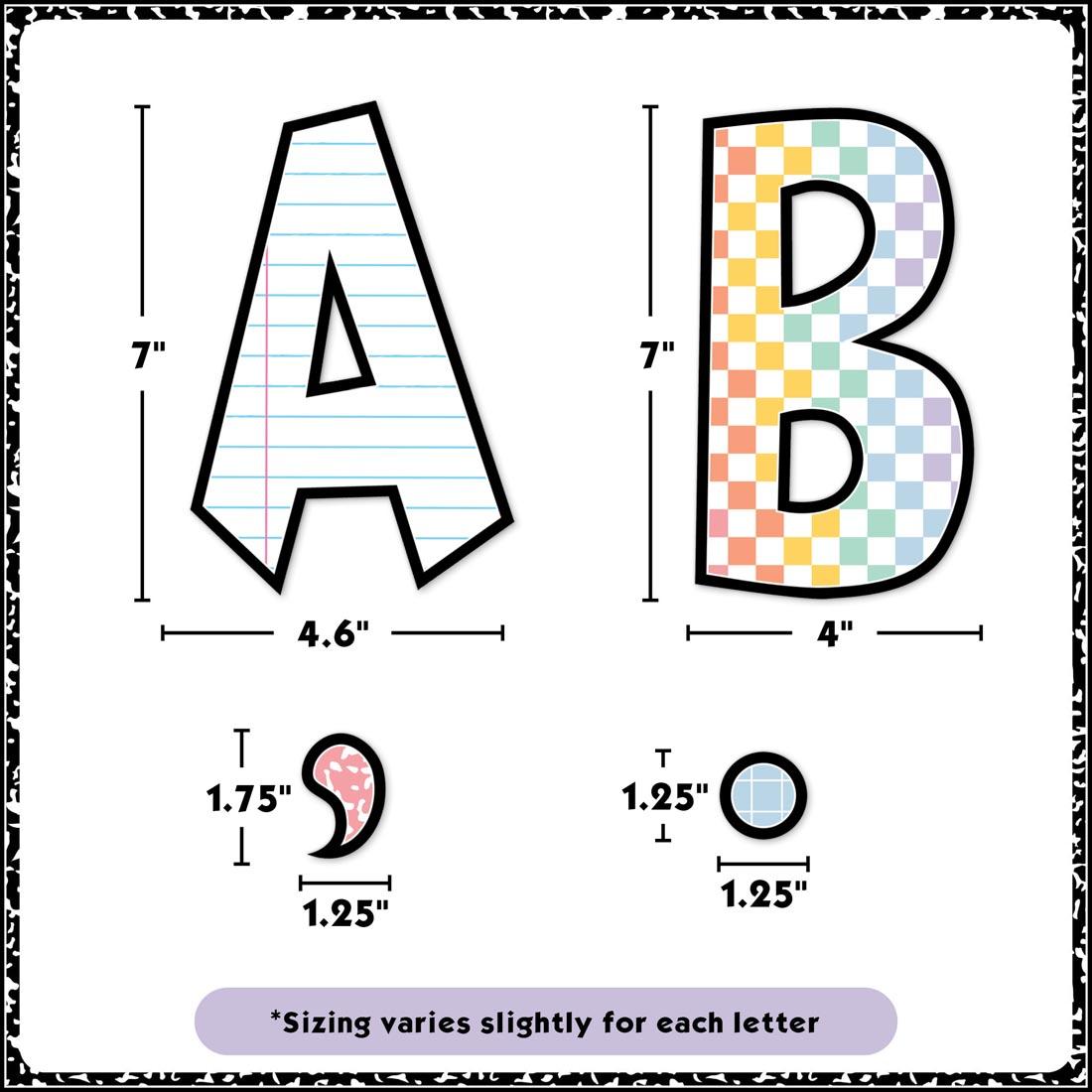 characters of the Fun Font 7" Letters from the Cool For School collection by Teacher Created Resources each labeled with their measurements plus text Sizing varies slightly for each letter