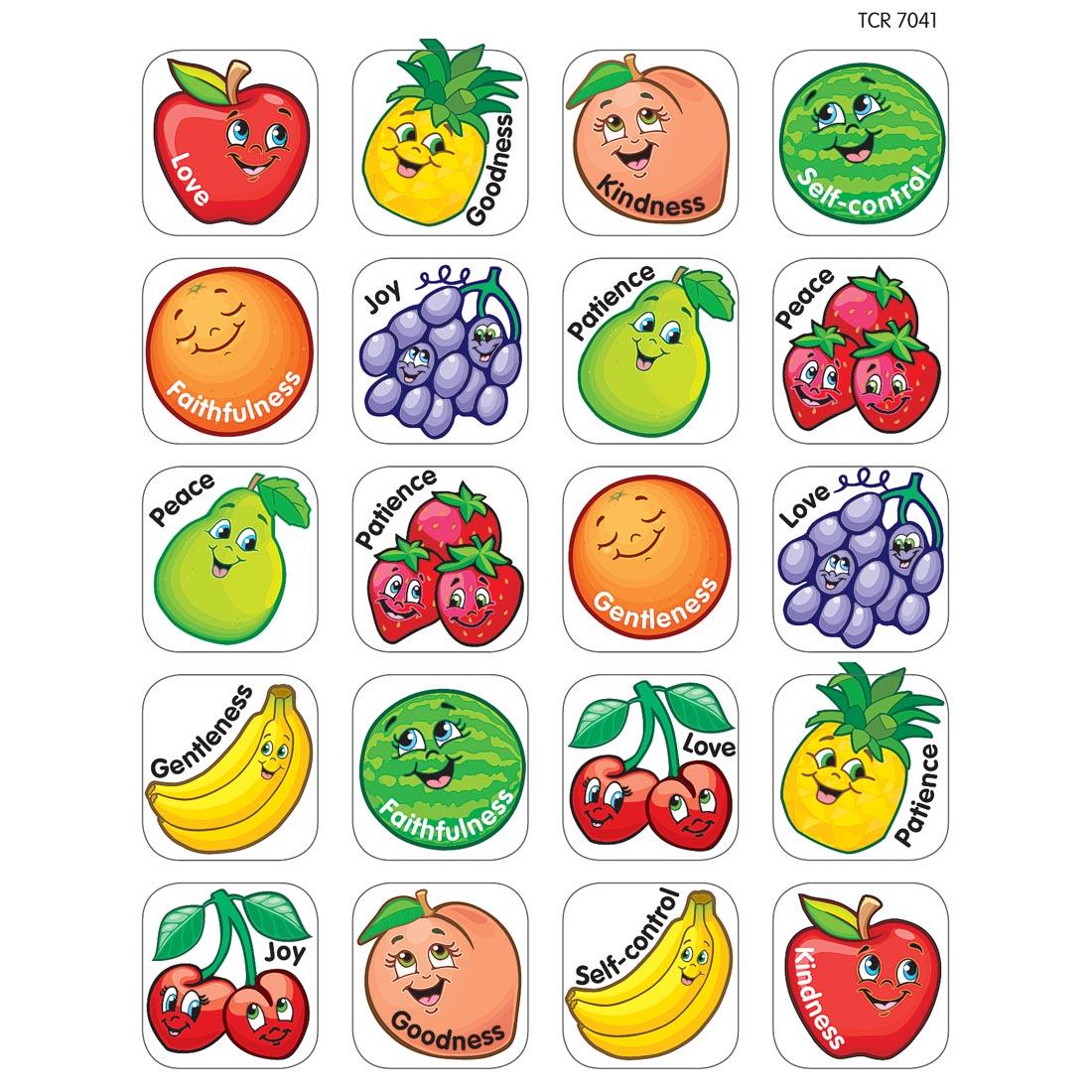 Fruit of the Spirit Stickers have the words love, goodness, kindness, self-control, faithfulness, joy, patience, peace and gentleness