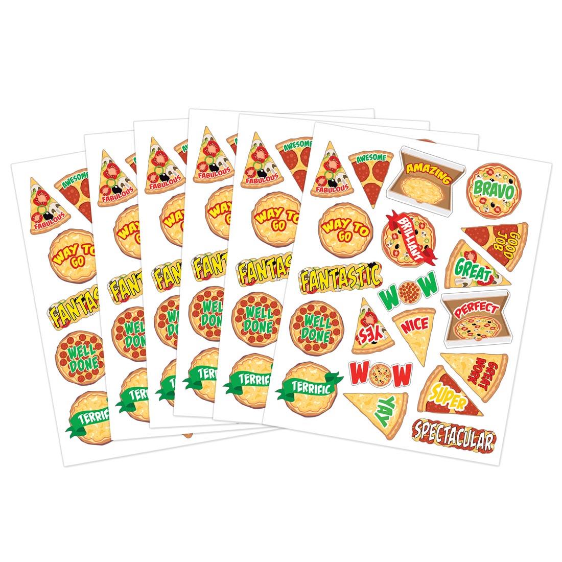 six sheets of Pizza Stickers By Teacher Created Resources