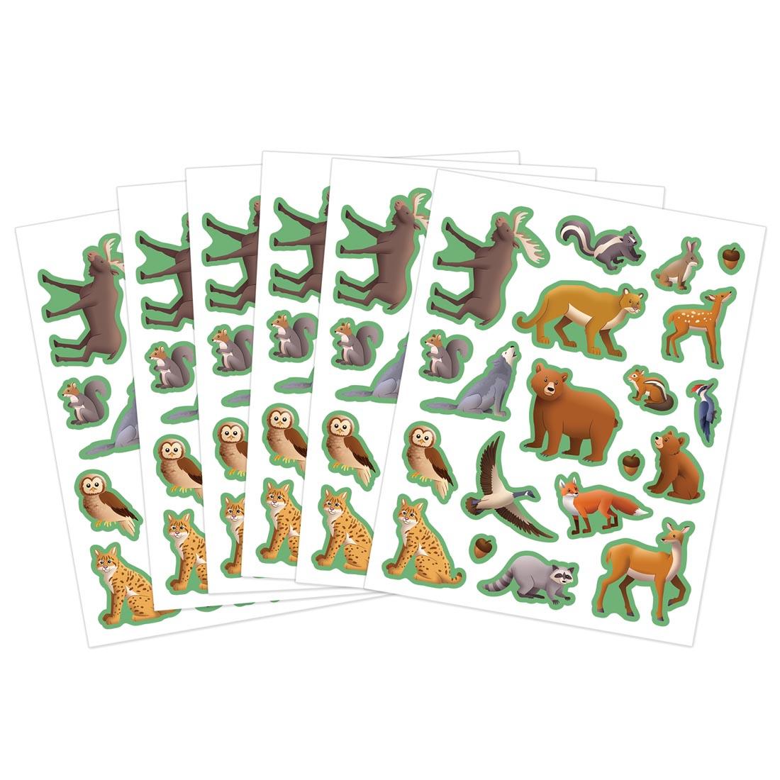 six sheets of Woodland Animals Stickers By Teacher Created Resources