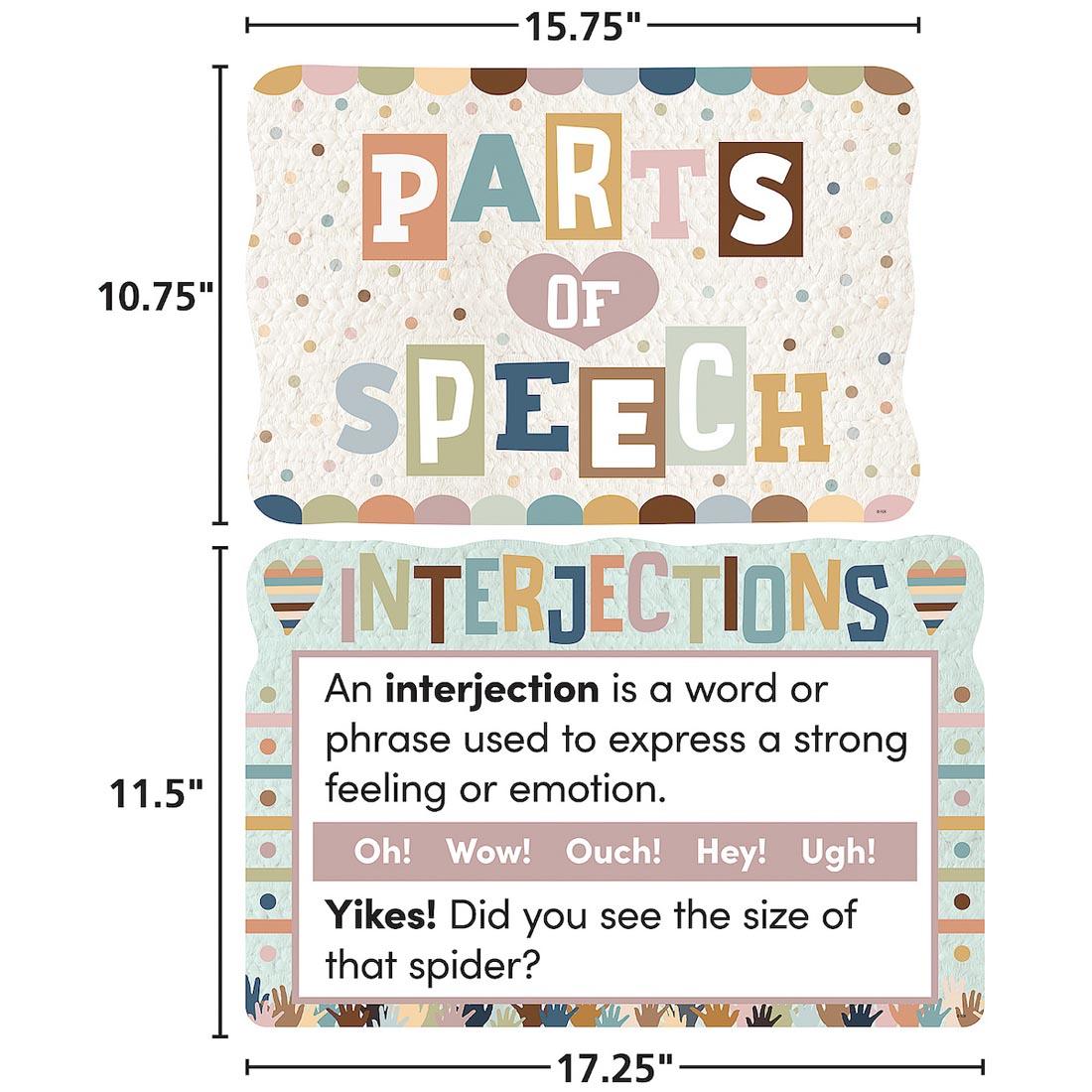 2 pieces of the Parts of Speech Bulletin Board Set from the Everyone is Welcome collection by Teacher Created Resources labeled with measurements 15.75 x 10.75" and 11.5 x 17.25"