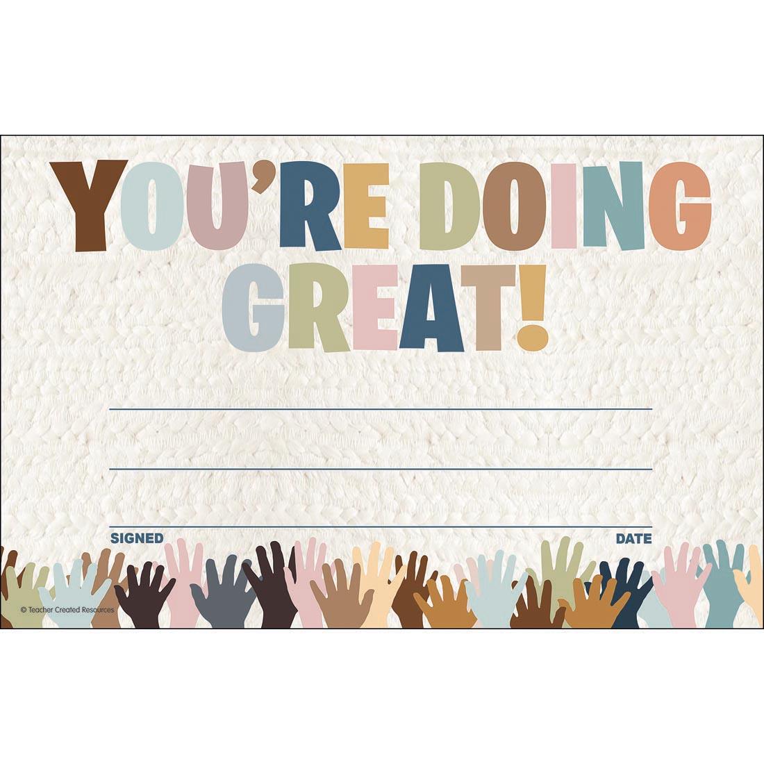 You're Doing Great! Award from the Everyone is Welcome collection by Teacher Created Resources