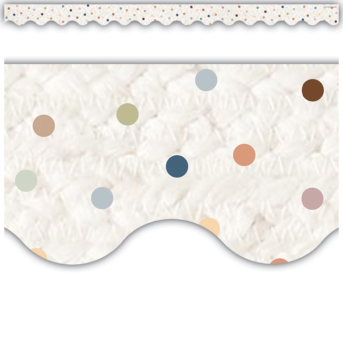 full strip plus a close-up of Dots Scalloped Border Trim from the Everyone Is Welcome collection by Teacher Created Resources