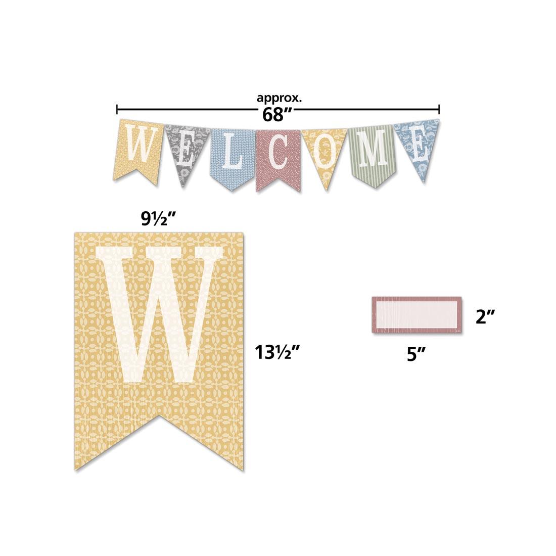 3 pieces of the Pennants Welcome Bulletin Board Set from the Classroom Cottage collection by Teacher Created Resources labeled with their measurements