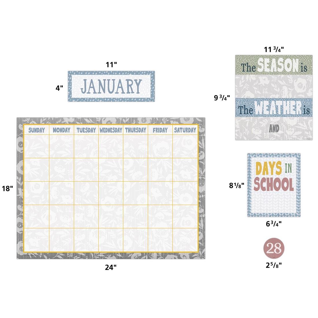 5 pieces of the Calendar Bulletin Board Set from the Classroom Cottage collection by Teacher Created Resources labeled with their measurements