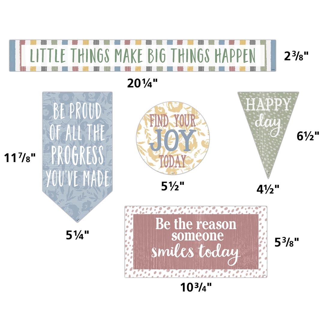pieces from the Mini Bulletin Board Set from the Classroom Cottage collection by Teacher Created Resources labeled with their measurements
