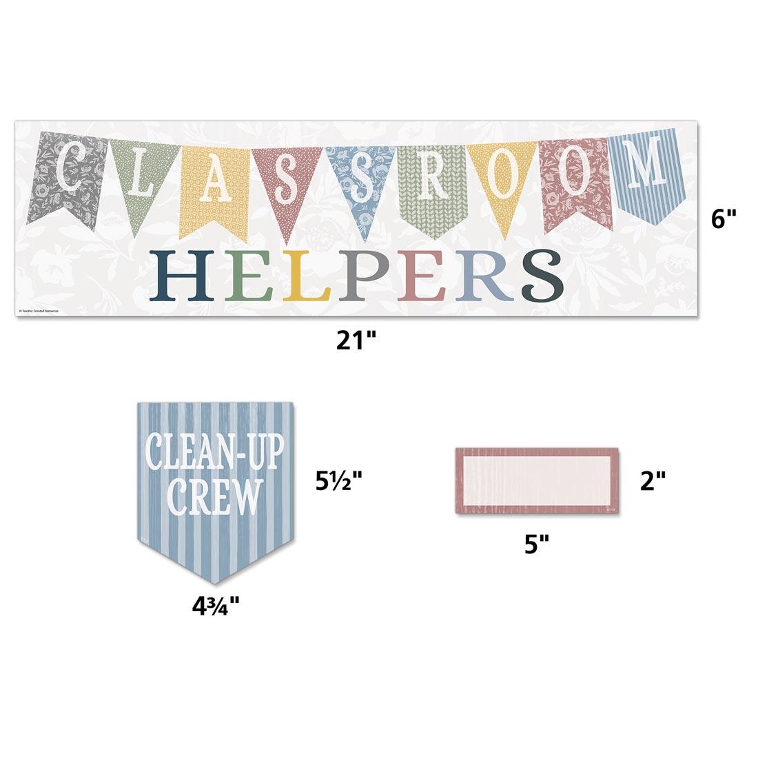 3 pieces of the Classroom Helpers Mini Bulletin Board Set from the Classroom Cottage collection by Teacher Created Resources labeled with their measurements