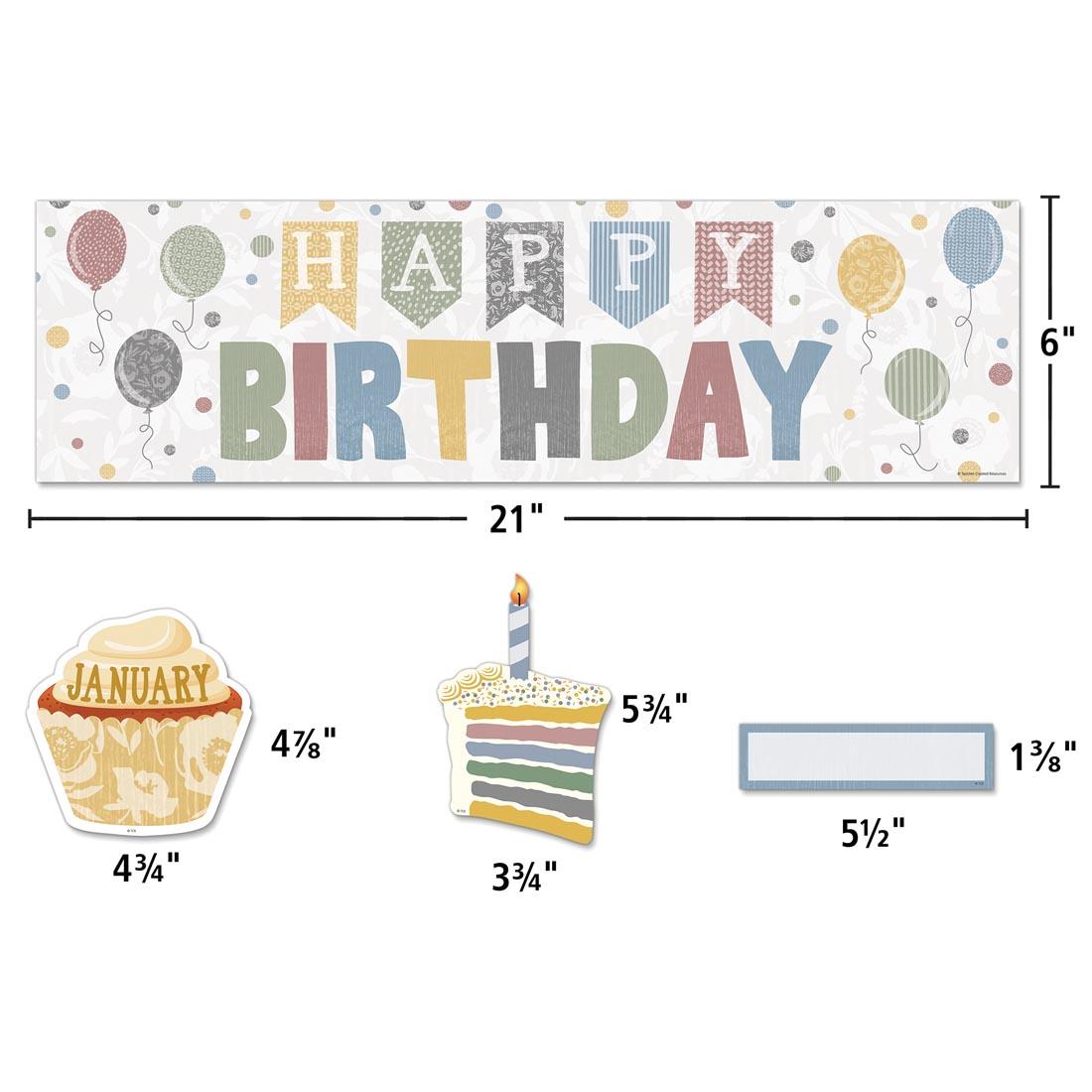 4 pieces from the Happy Birthday Mini Bulletin Board Set from the Classroom Cottage collection by Teacher Created Resources labeled with their measurements