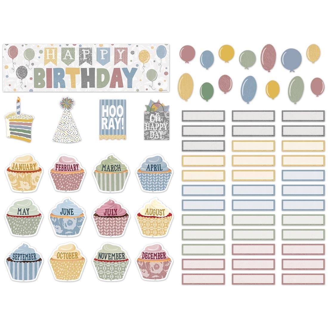 full contents of the Happy Birthday Mini Bulletin Board Set from the Classroom Cottage collection by Teacher Created Resources