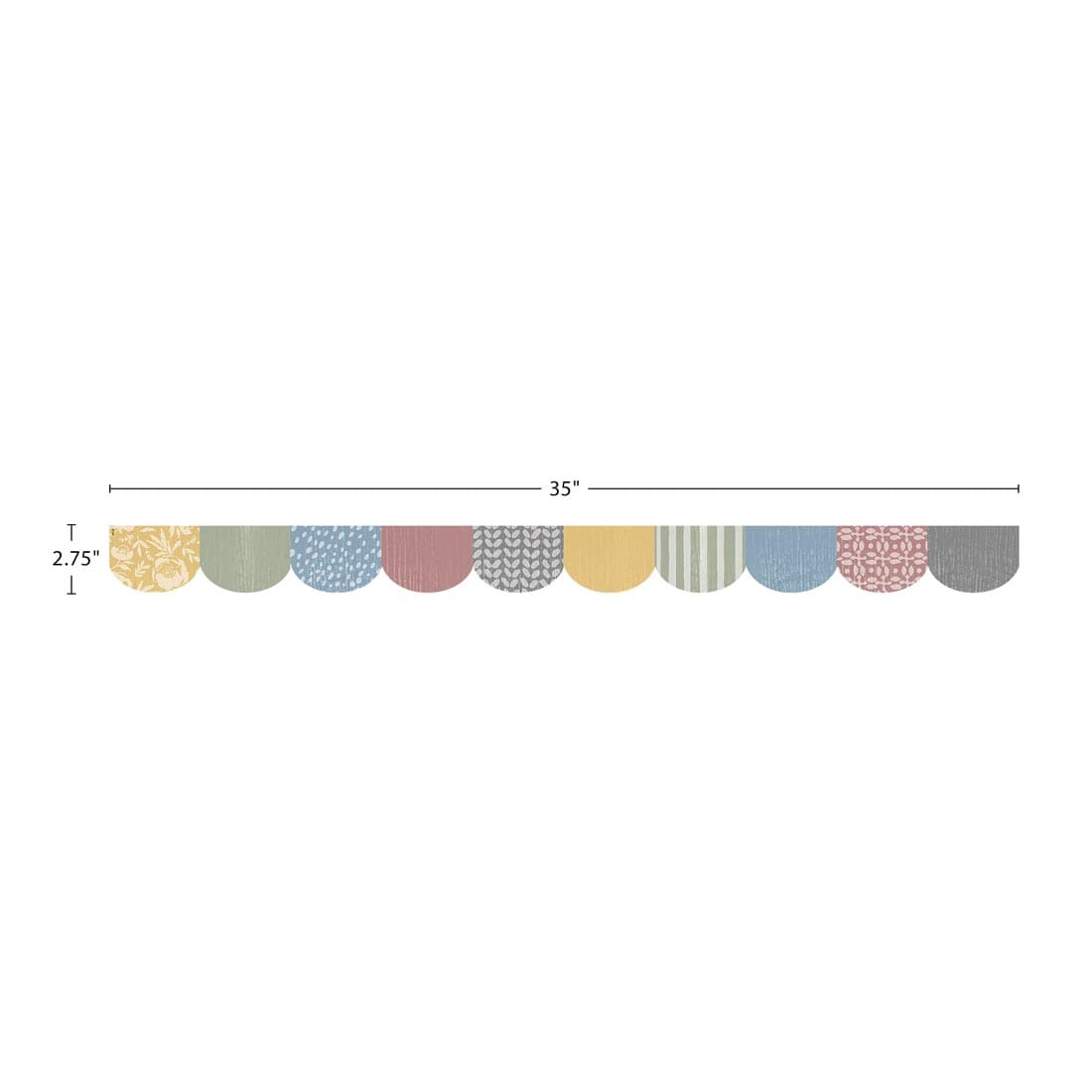 strip of Scalloped Die-Cut Border Trim from the Classroom Cottage collection by Teacher Created Resources labeled with the measurements 35" x 2.75"