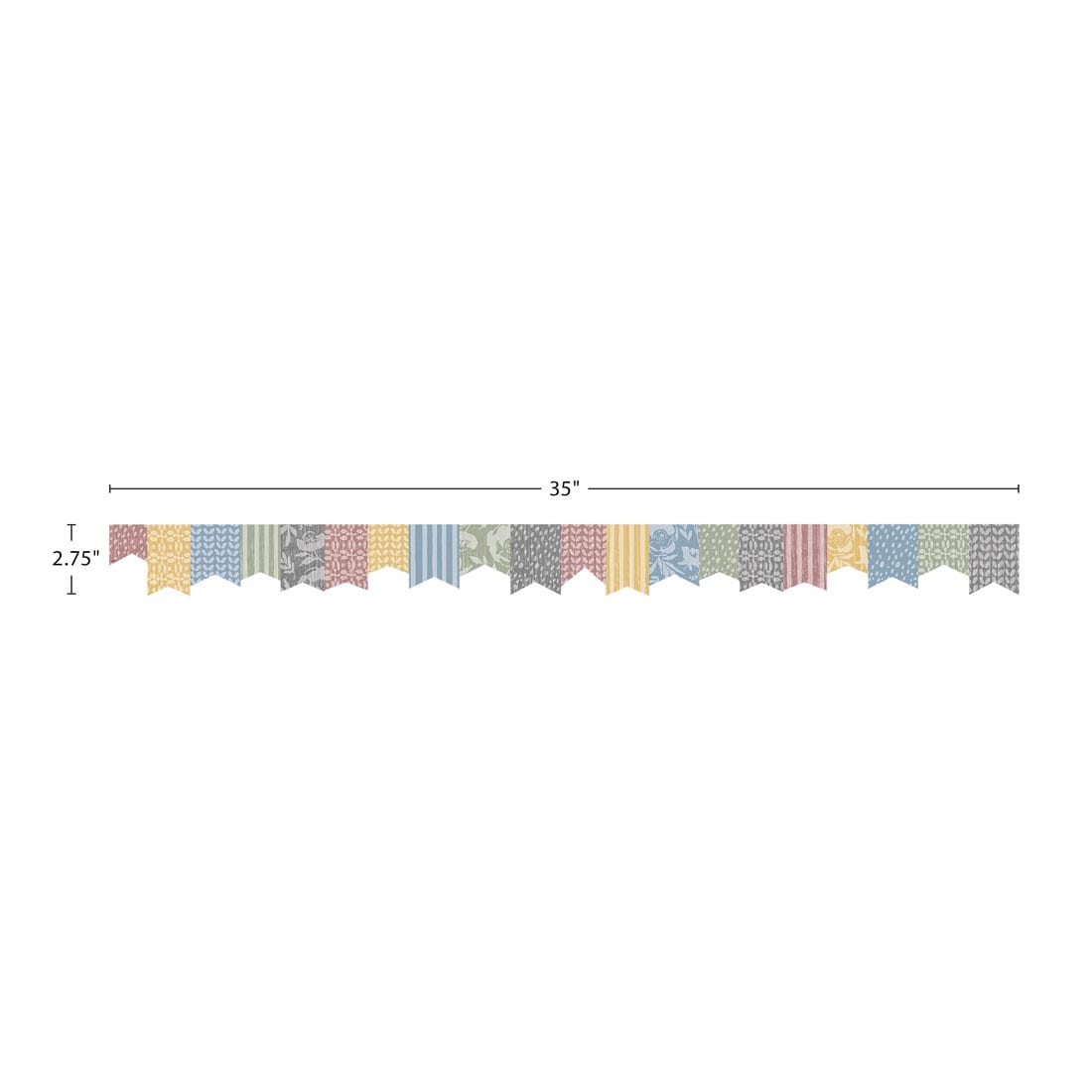 strip of Pennants Die-Cut Border Trim from the Classroom Cottage collection by Teacher Created Resources labeled with the measurements 35" x 2.75"