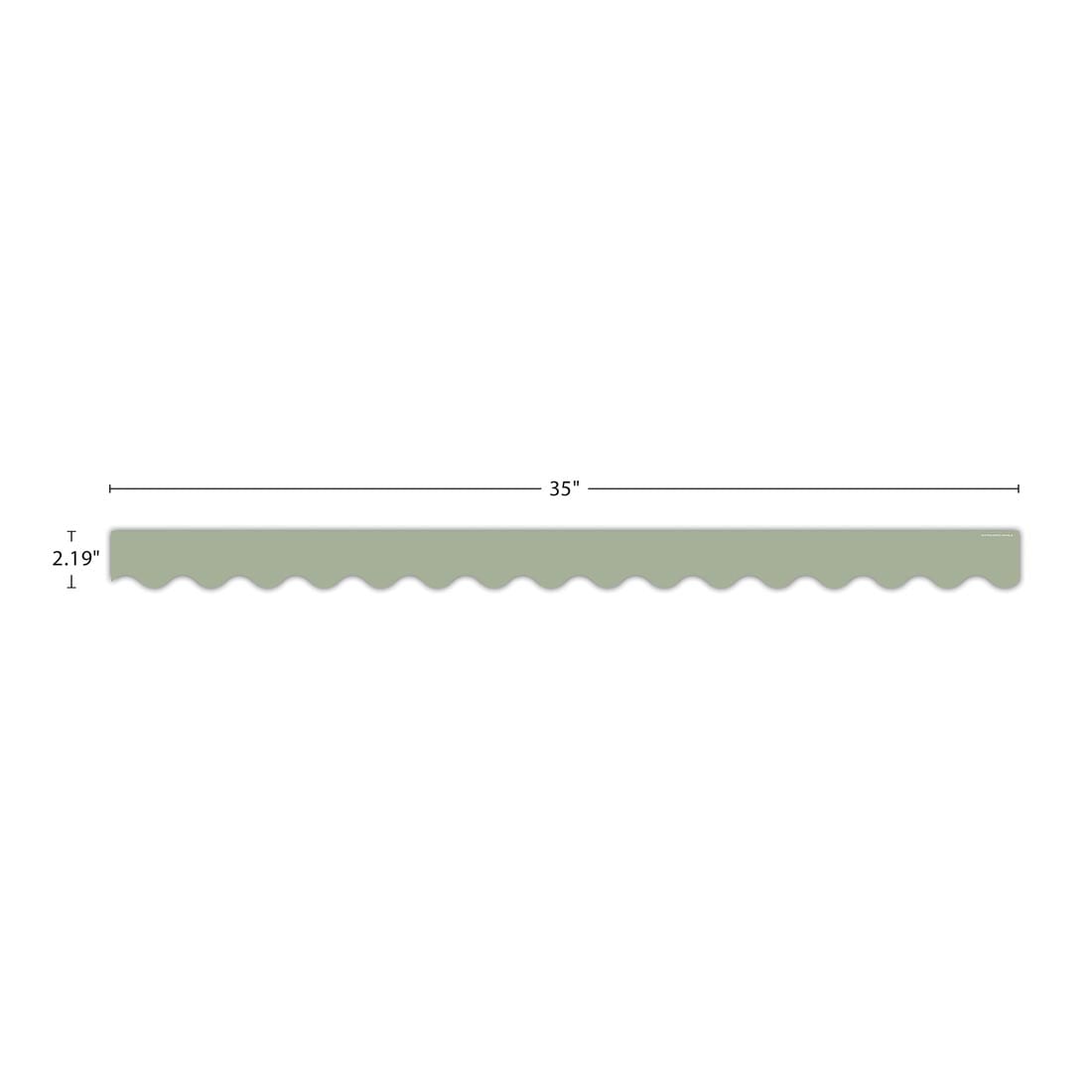 strip of Sage Green Scalloped Border Trim from the Classroom Cottage collection by Teacher Created Resources labeled with the measurements 35" x 2.19"