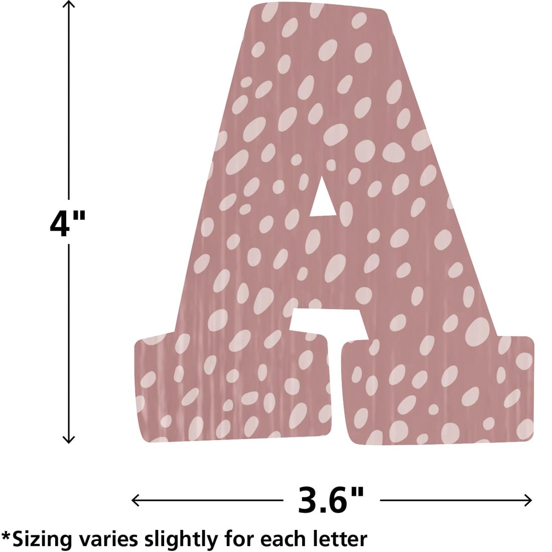 Bold Block Letter A from the Classroom Cottage collection By Teacher Created Resources labeled with the measurements 4x3.6" and text Sizing varies slightly for each letter