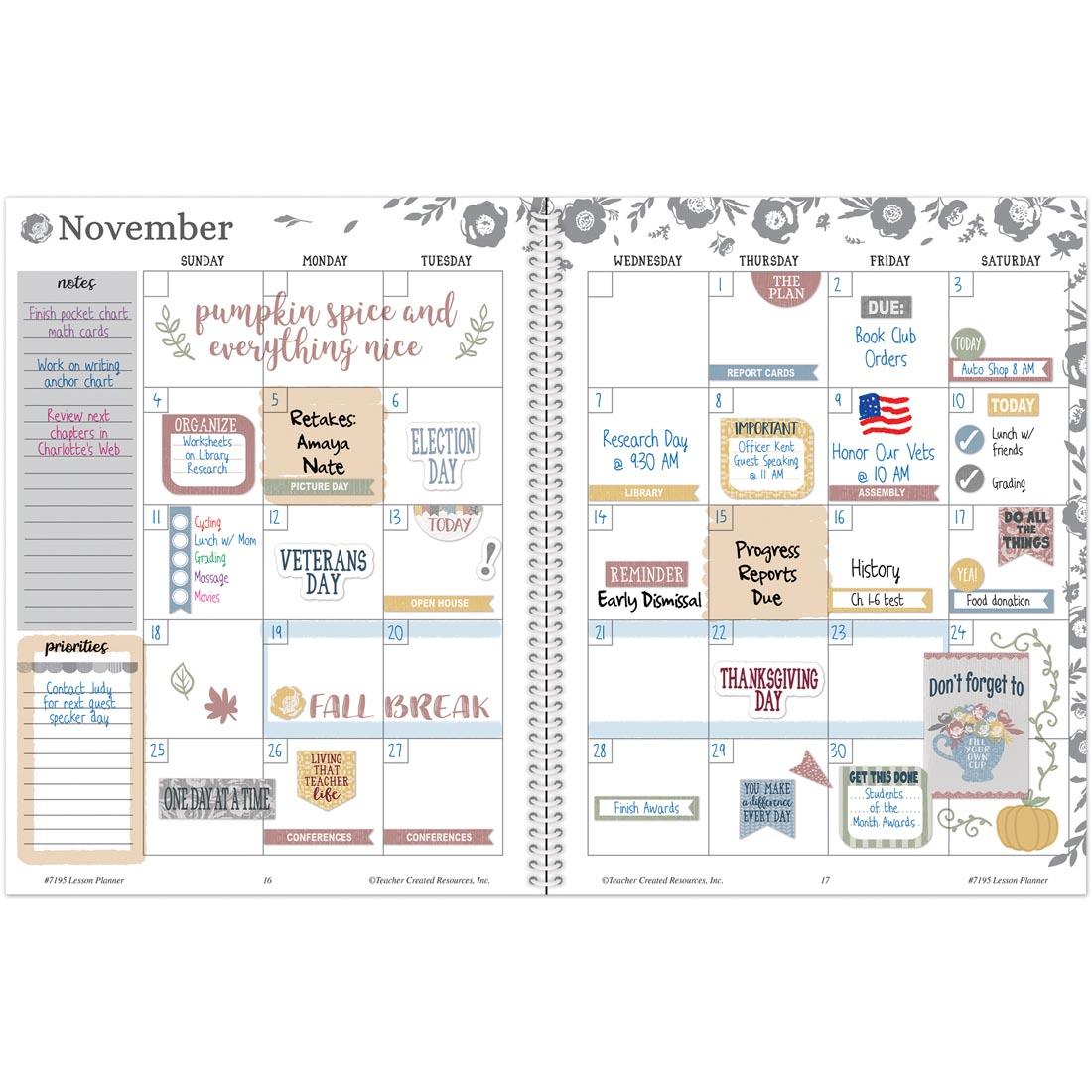 example of completed pages in the Teacher Planner from the Classroom Cottage collection by Teacher Created Resources