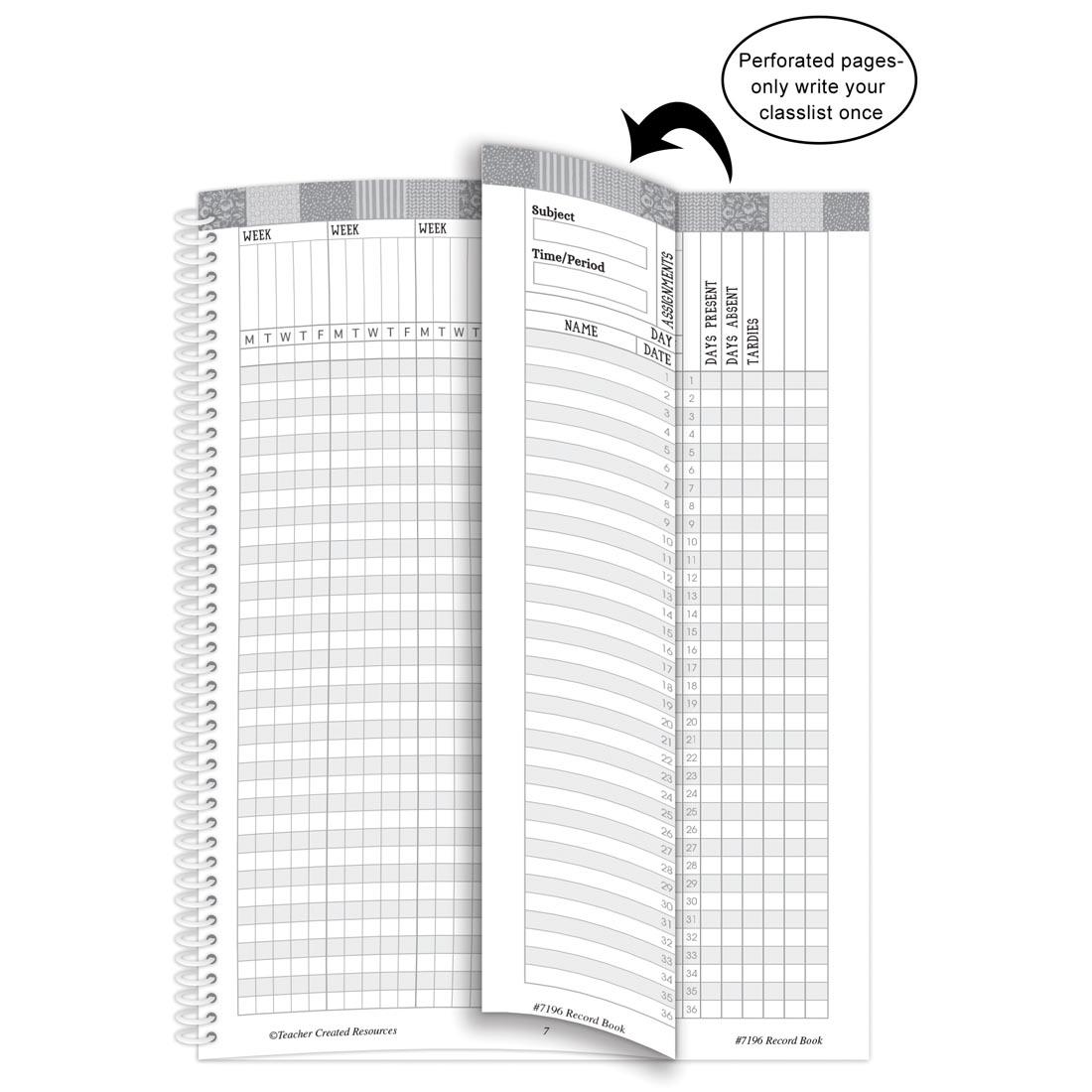 folded-over page from the Record Book from the Classroom Cottage collection by Teacher Created Resources with the text Perforated pages-only write your classlist once
