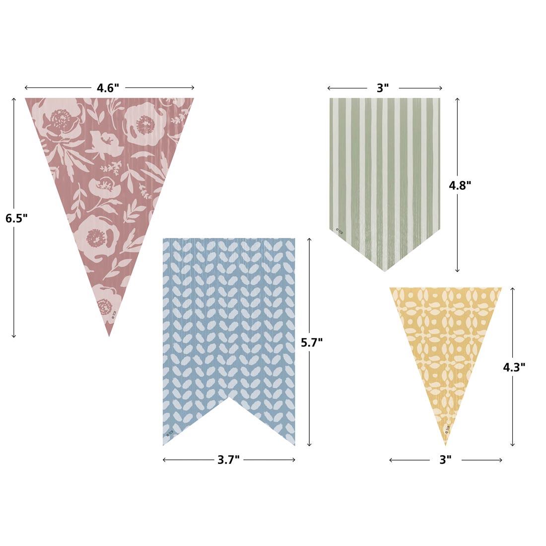 four Pennants Accents from the Classroom Cottage collection by Teacher Created Resources labeled with their measurements