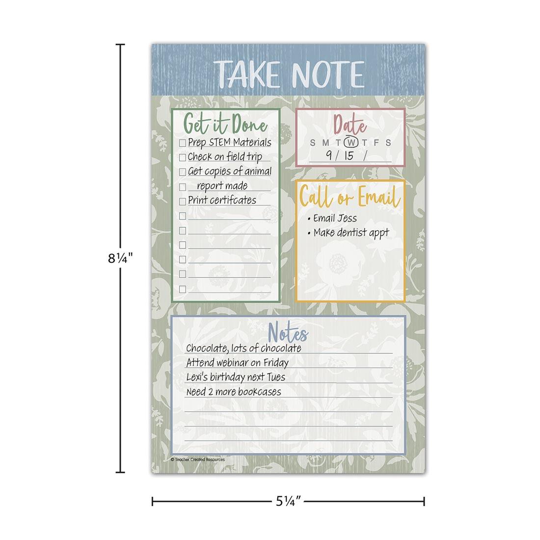 completed example of the Notepad from the Classroom Cottage collection by Teacher Created Resources labeled with the measurements 8-1/4" x 5-1/4"