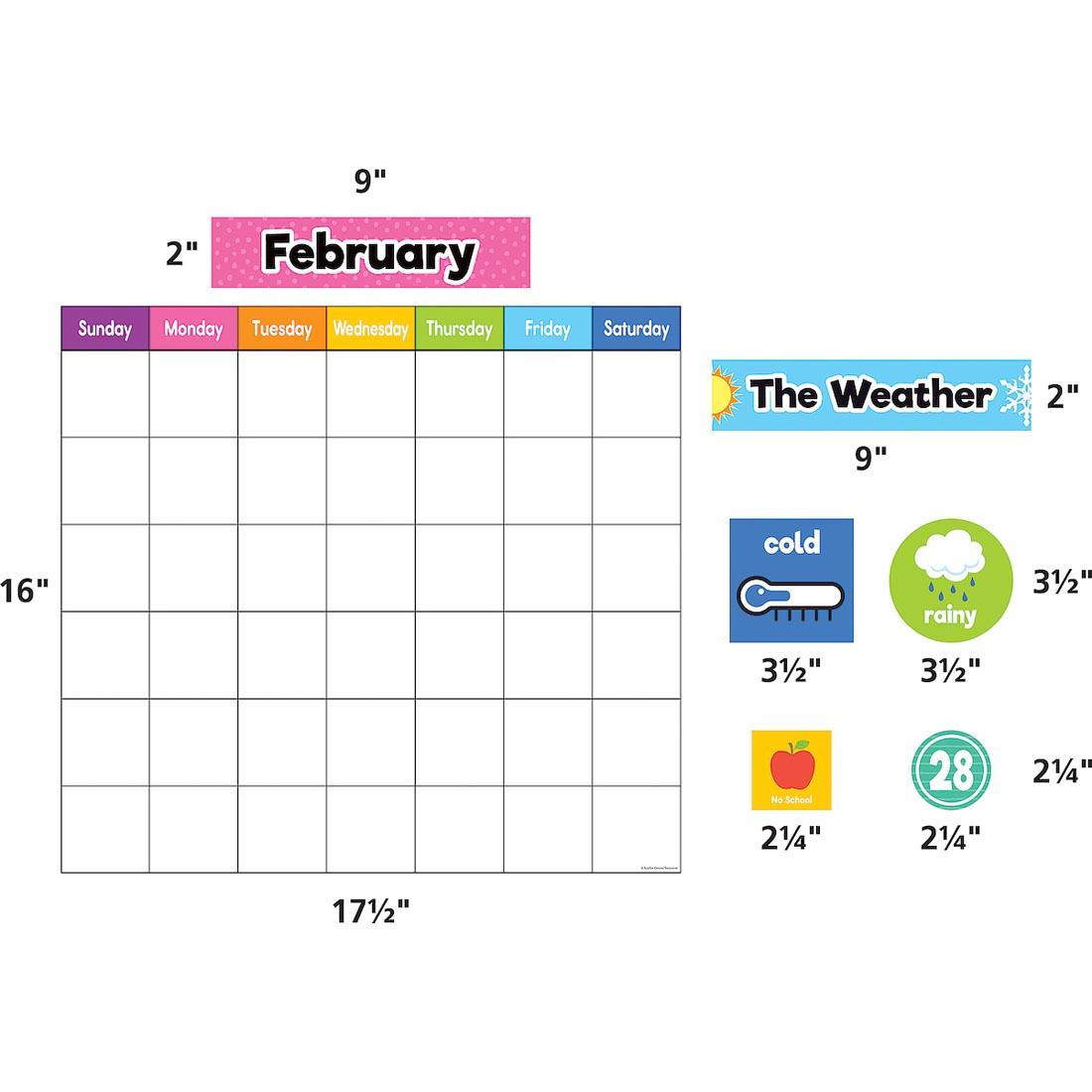 several pieces of the Magnetic Calendar Set from the Colorful collection by Teacher Created Resources each labeled with their measurements