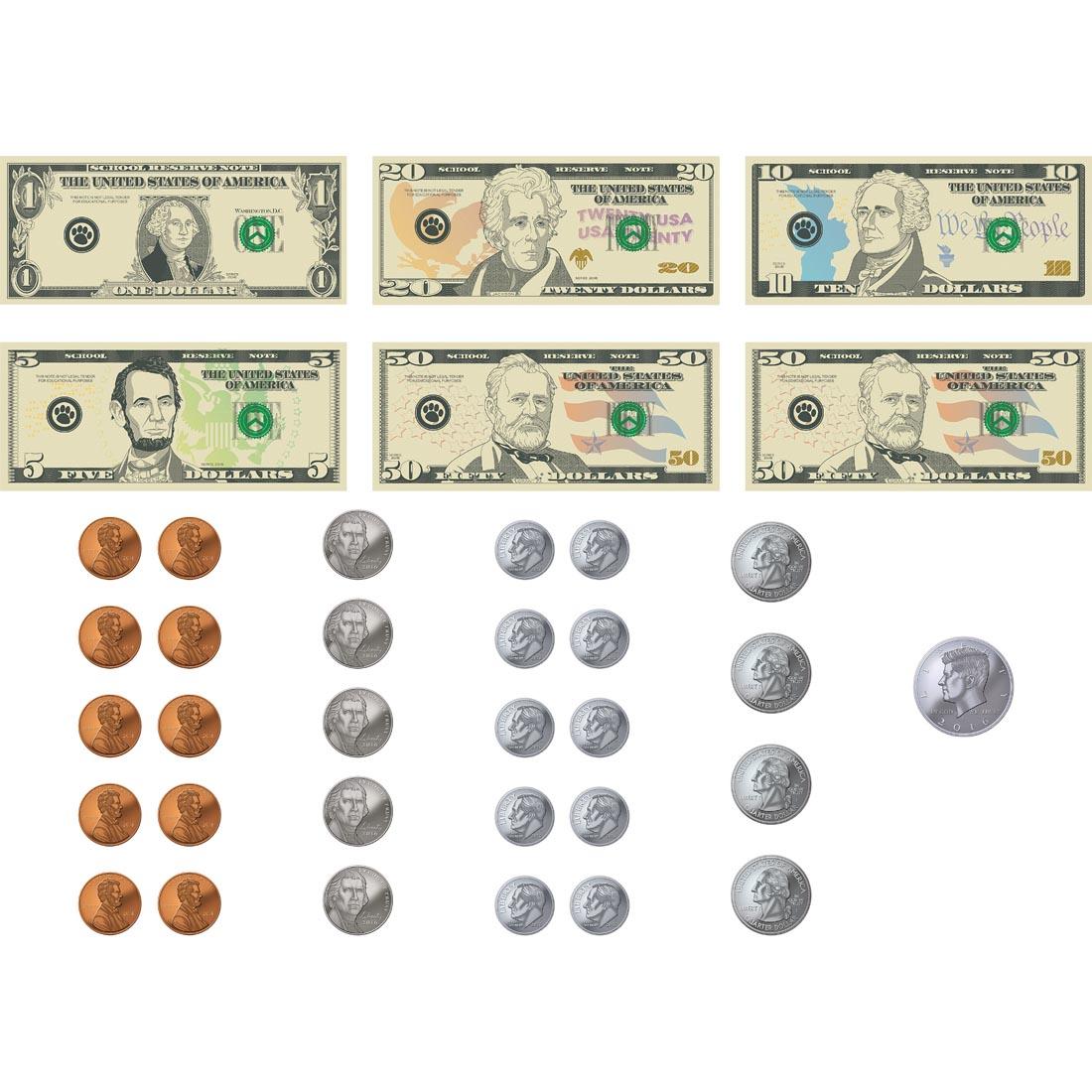 Magnetic money accents: $1, $20, $10, and $5 bills, plus pennies, nickels, dimes, quarters and a 50-cent piece