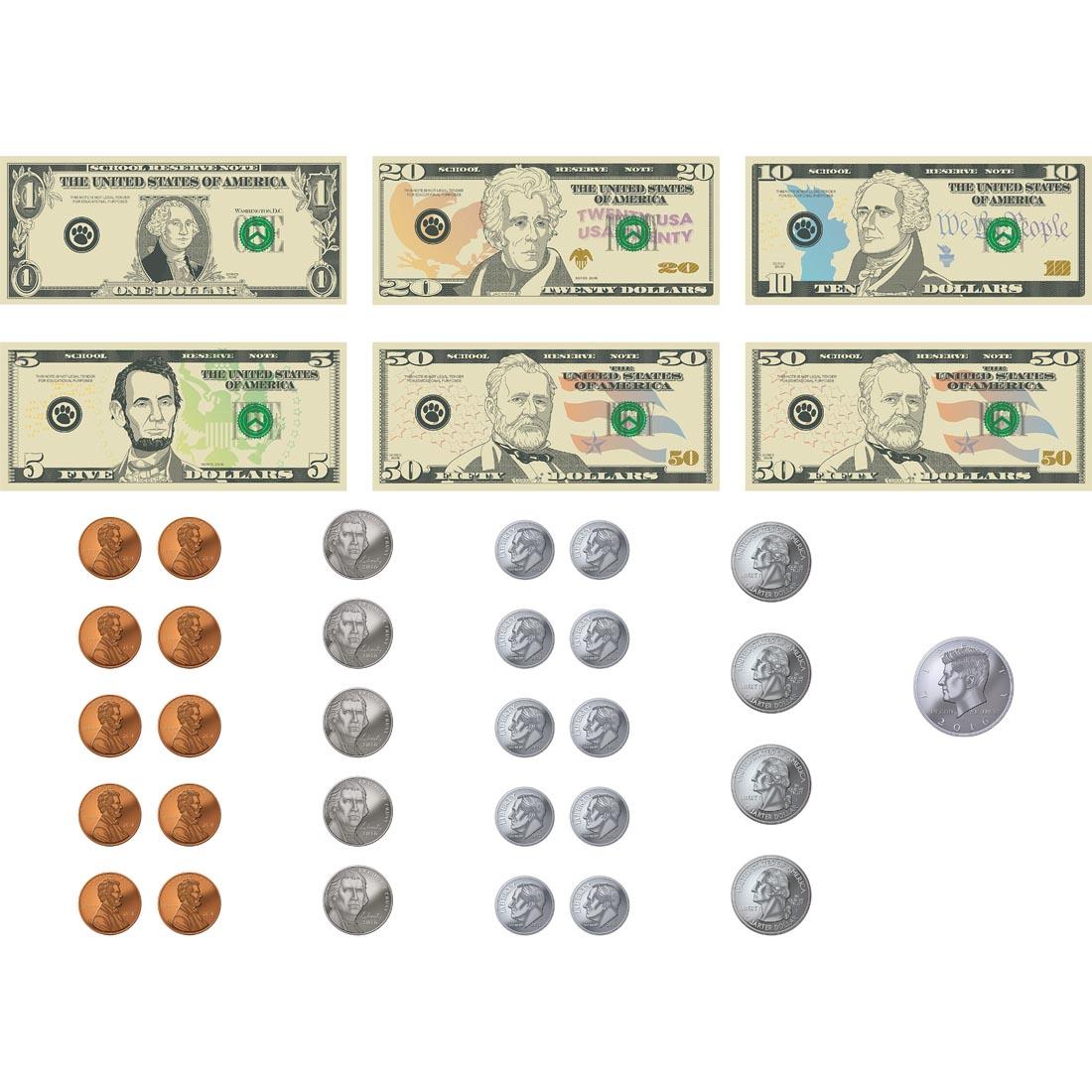 Magnetic money accents: $1, $20, $10, and $5 bills, plus pennies, nickels, dimes, quarters and a 50-cent piece