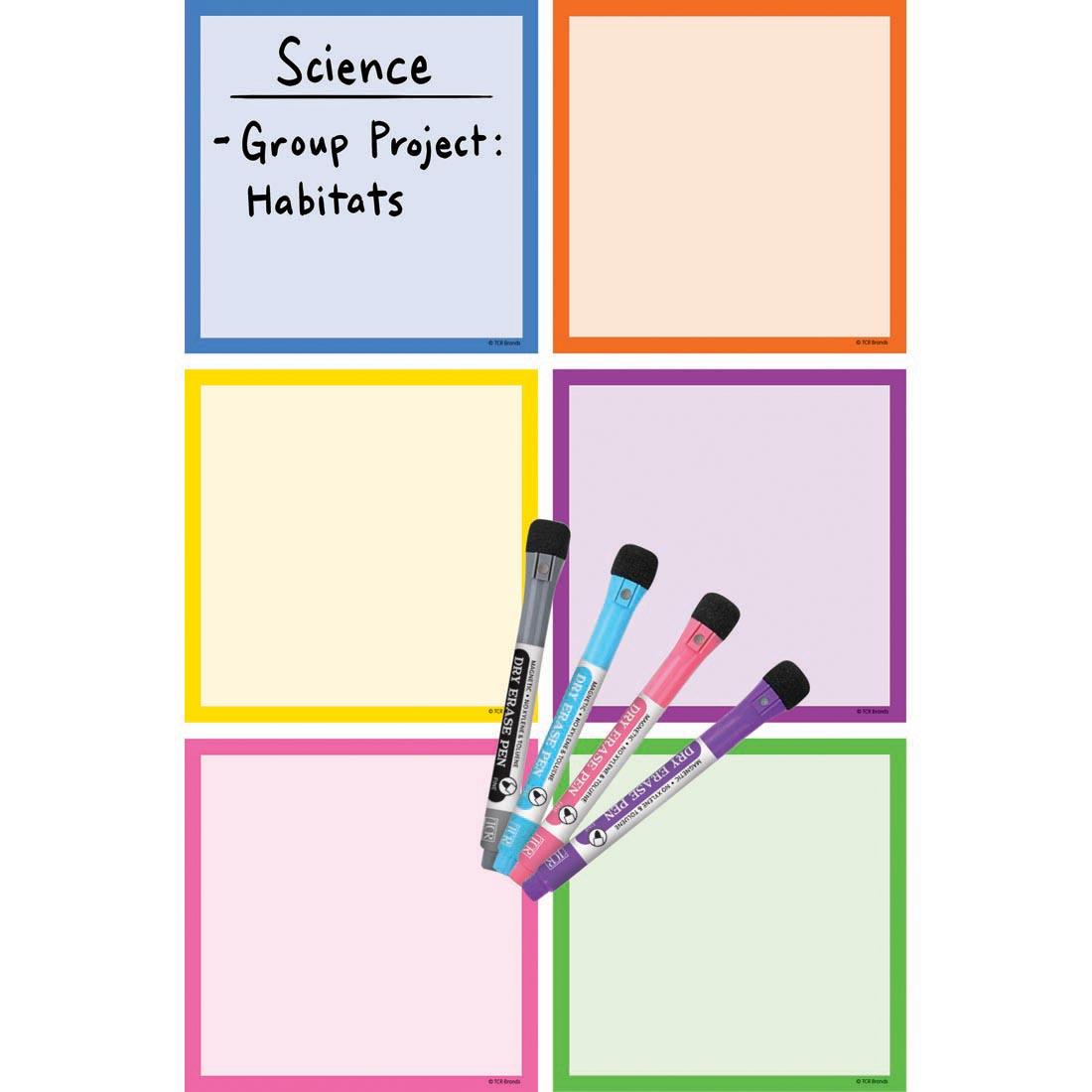 Colorful Dry-Erase Magnetic Square Notes By Teacher Created Resources with an example note that reads Science - group project: habitats