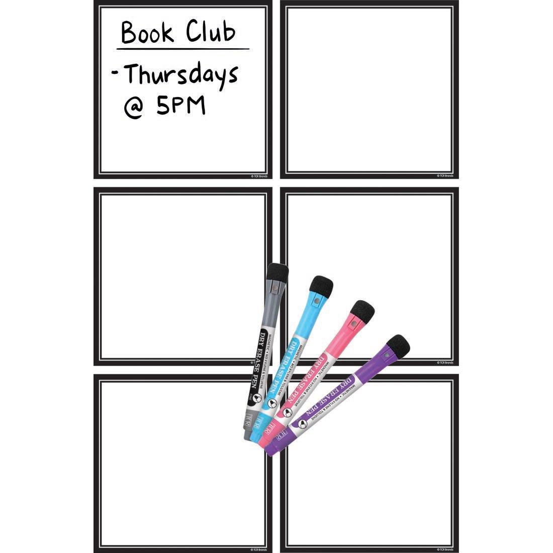 Black & White Dry-Erase Magnetic Square Notes By Teacher Created Resources with an example note that reads Book Club - Thursdays @ 5PM