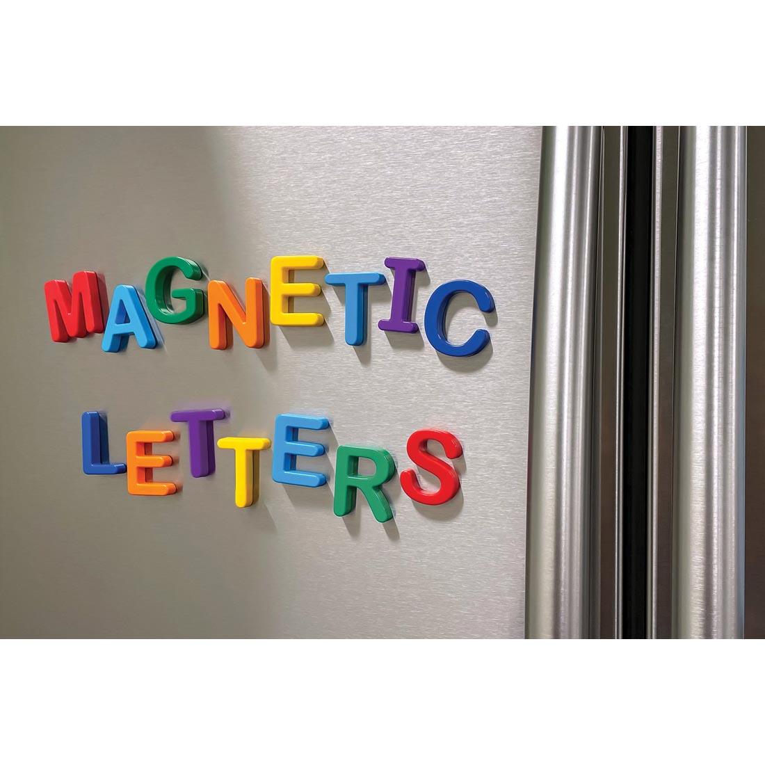 Uppercase Magnetic Letters By Teacher Created Resources on a refrigerator