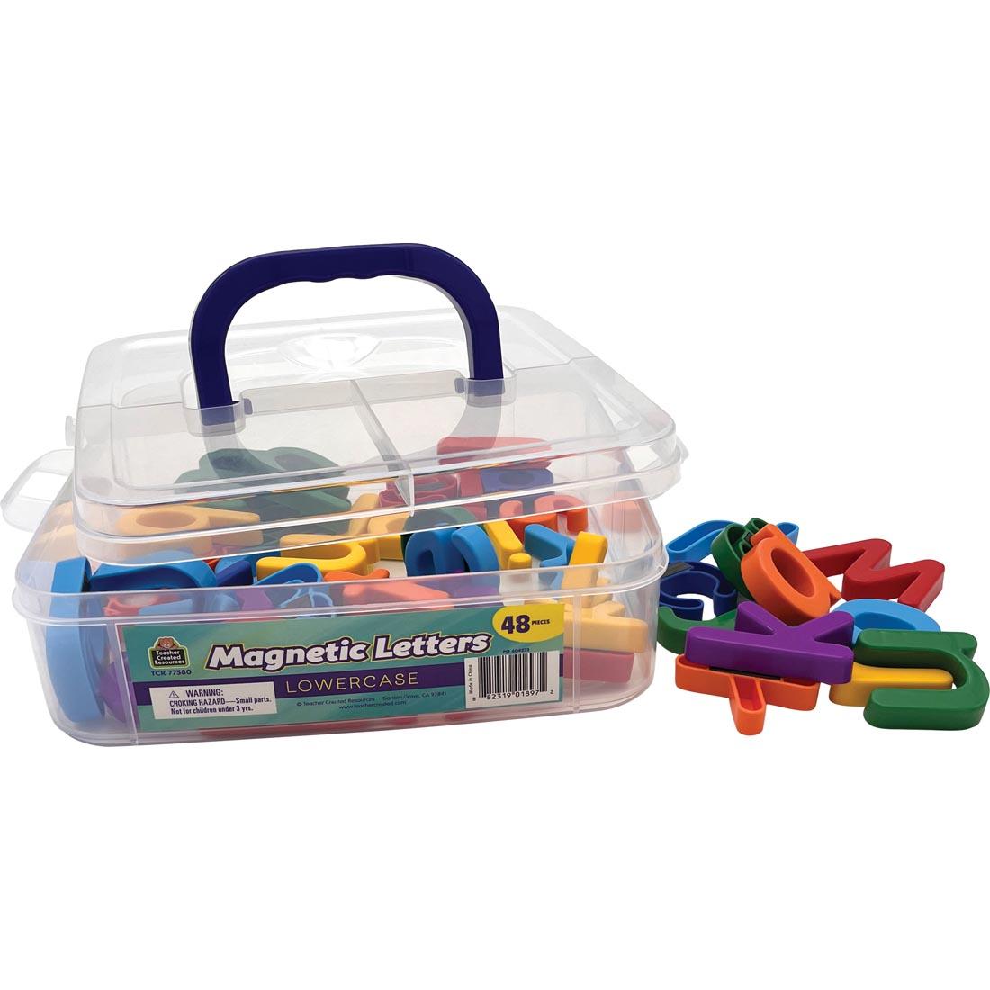 package of Lowercase Magnetic Letters By Teacher Created Resources with the lid ajar and some letters outside of the container