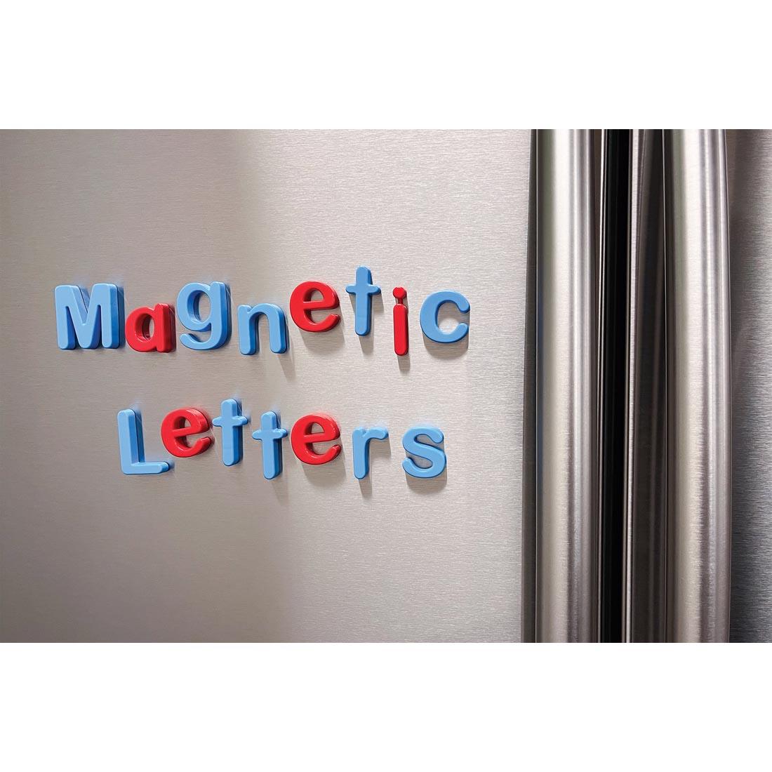 the words magnetic letters spelled out on a refrigerator using the Magnetic Letters Deluxe Set By Teacher Created Resources