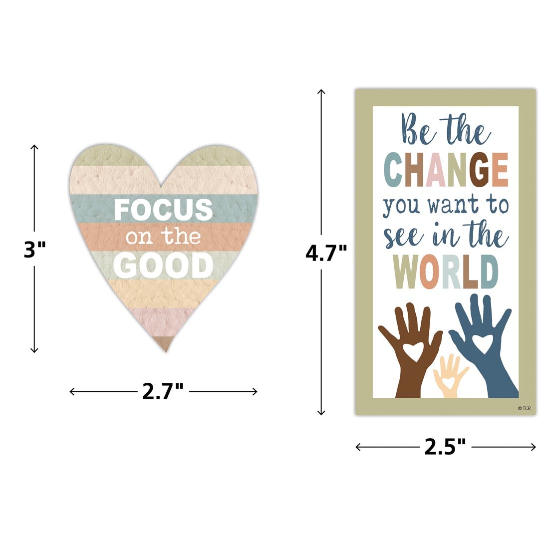 Heart and Poster from the Everyone is Welcome Magnetic Positive Sayings set labeled with measurements 3"x2.7" and 4.7"x2.5"