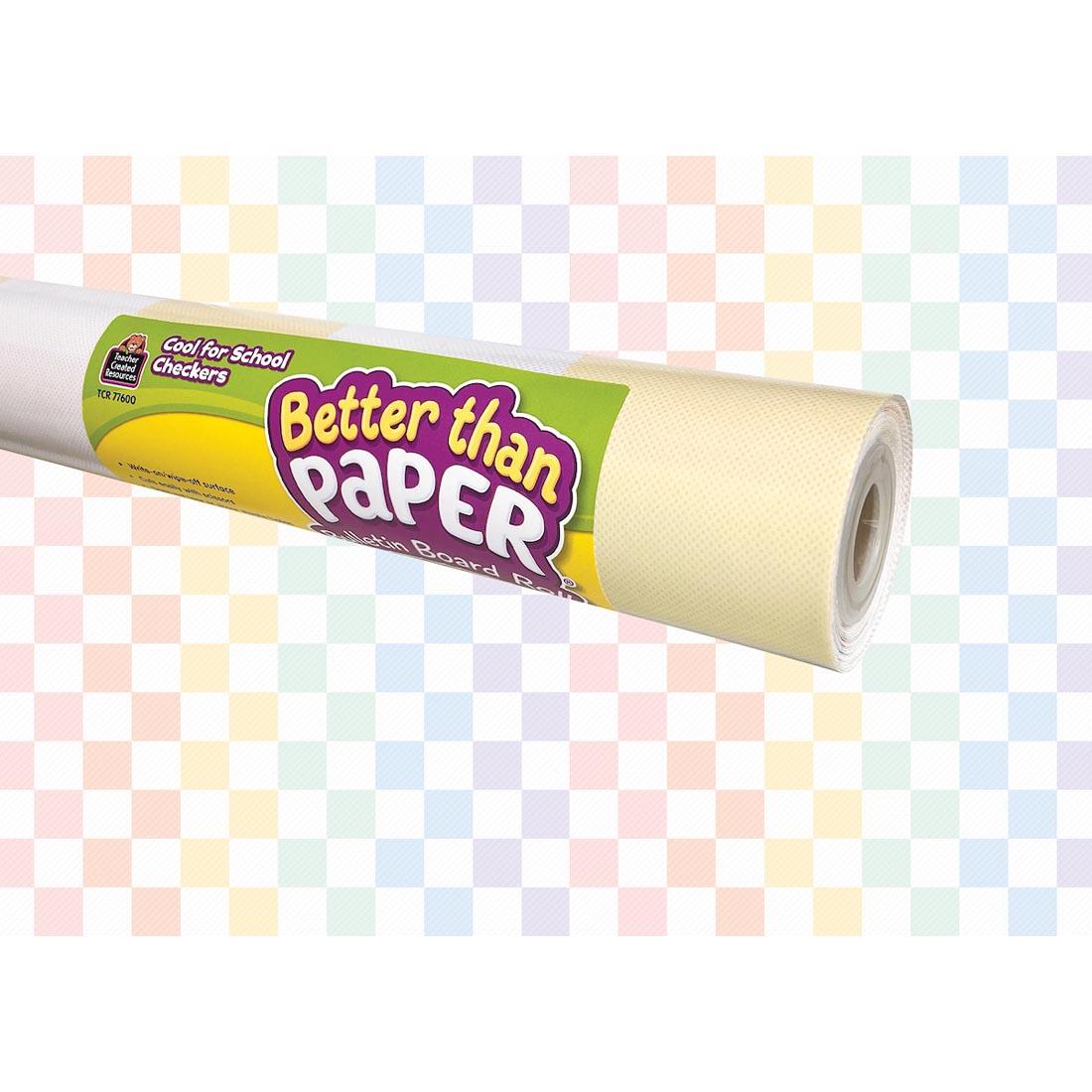 roll of Cool For School Checkers Better Than Paper Bulletin Board Covering with the covering as the background
