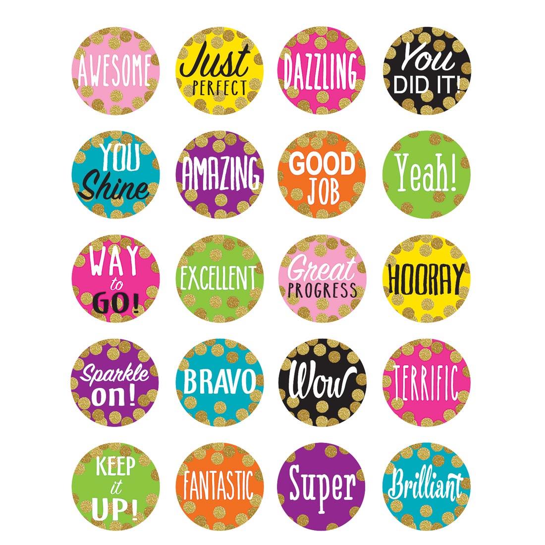 Stickers from the Confetti collection by Teacher Created Resources with sayings like Awesome, Just Perfect, Dazzling and You Did It!