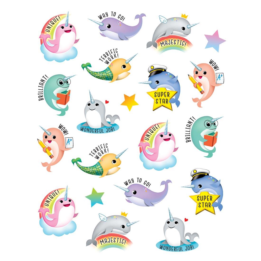 Narwhals Stickers with sayings like Unique! Way to Go! Majestic! and Brilliant!