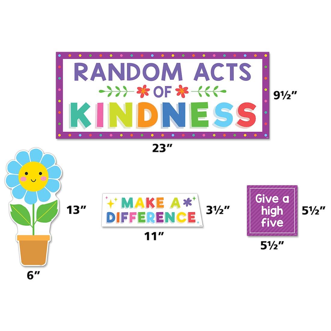 4 pieces of the Random Acts of Kindness Bulletin Board Set from the Colorful collection by Teacher Created Resources each labeled with their measurements