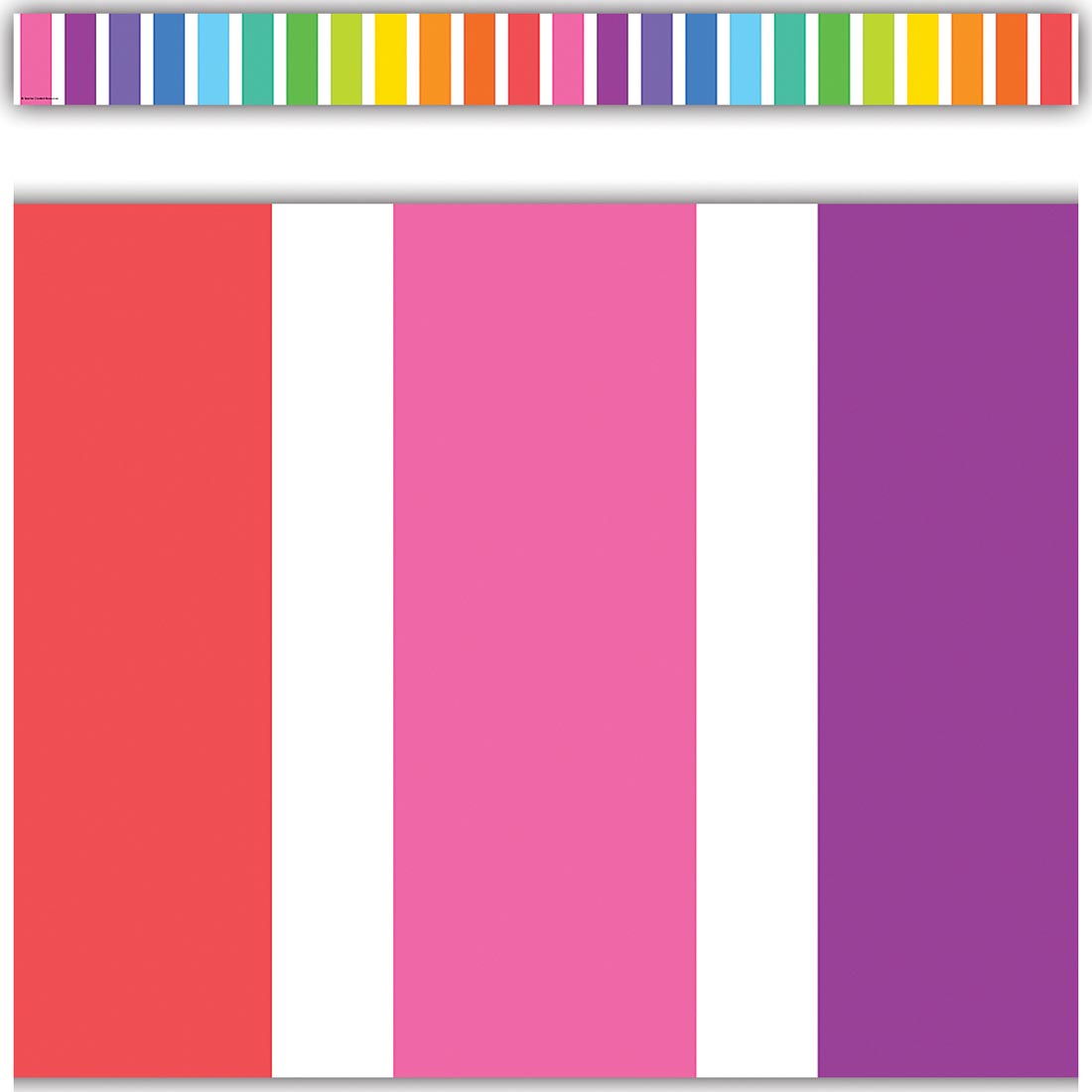 full strip plus a closeup of the Colorful Stripes Straight Border Trim By Teacher Created Resources