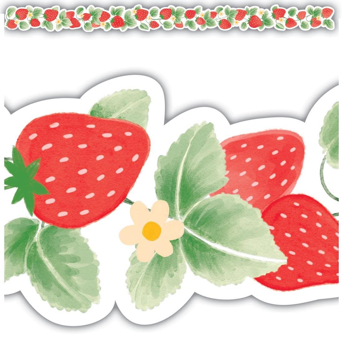 a full strip plus a closeup of the Strawberry Patch Die-Cut Border Trim By Teacher Created Resources