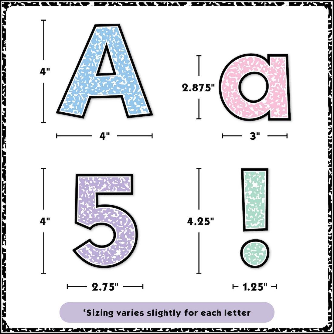 4 pieces from Cool For School Colorful Composition 4" Everyday Letters Combo Pack each labeled with their measurements plus text *Sizing varies slightly for each letter